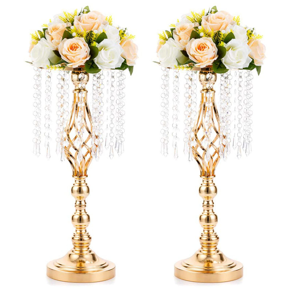 2 Pcs 19.3 inches Gold Centerpieces Table Tall Crystal Flowers Stand Wedding Road Lead Flower Holders Crystal Chandelier Metal for Reception Tables Supplies