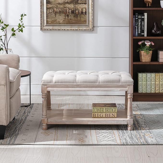 Farmhouse Storage Bench Wooden Entryway Linen Upholstered Ottoman Button Tufted