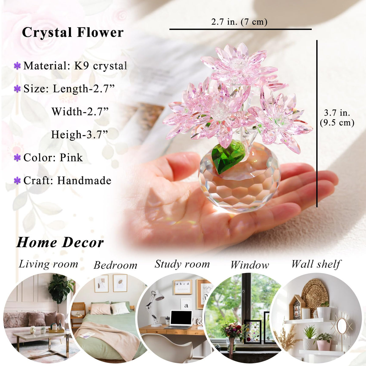 YWHL Pink Crystal Flower Figurine Decor with Stand, Handmade Glass Flower Gifts for Women, Beautiful Art Collectible Statue for Home Table Centerpiece（Pink