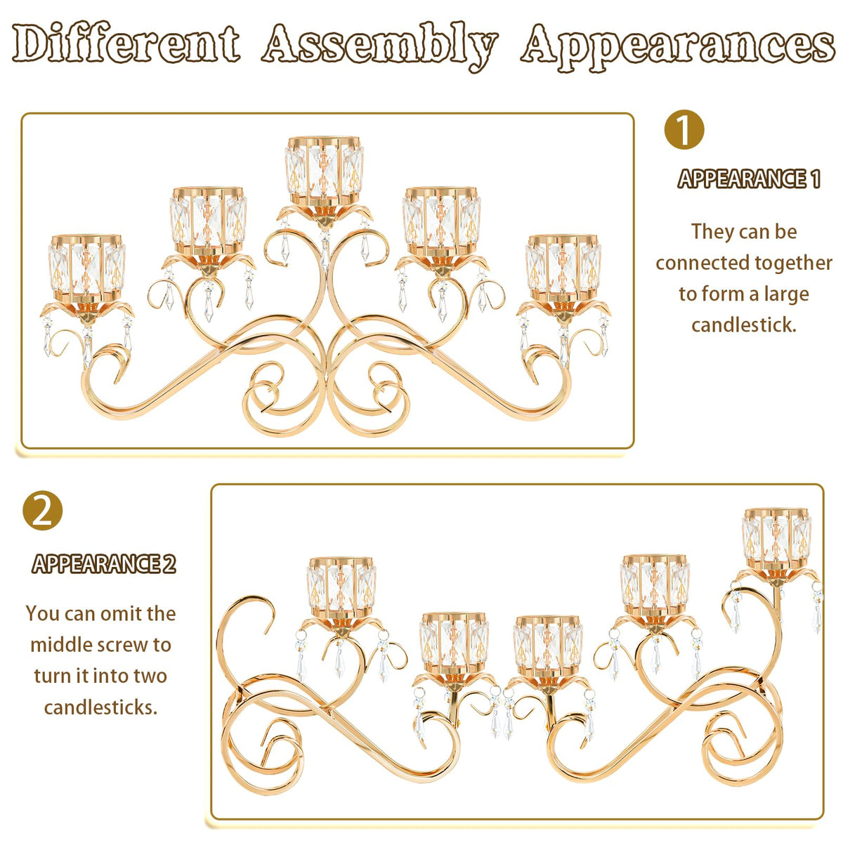 Kolnlala Large Elegant 5 Arms Crystal Bowl Tealight Candle Holder/Candelabra Crystal Votive, 5-arms Candlestick Holder for Table Centerpiece Wedding/Party Home Decor(Gold, 5-Arm)