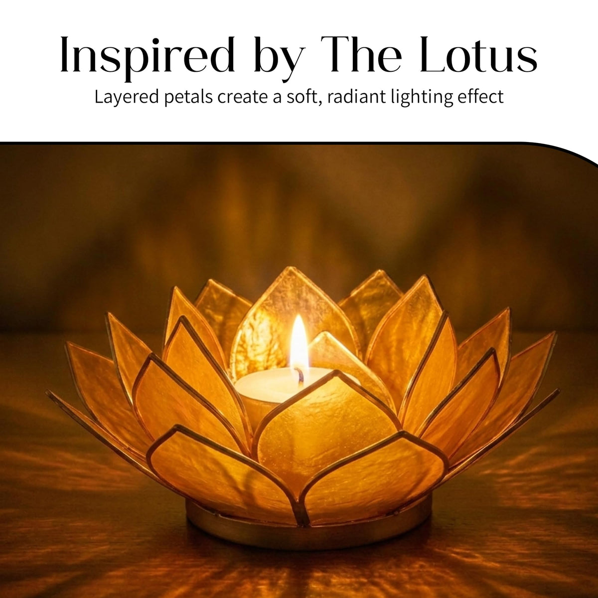 Om Gallery Gemstone Lotus Tealight Holder - Handcrafted Capiz Shell Design for Soft Glow, Elegant Home & Table Decor, Wedding Centerpieces, Votive Candle Styling, and Thoughtful Gifting - Amber
