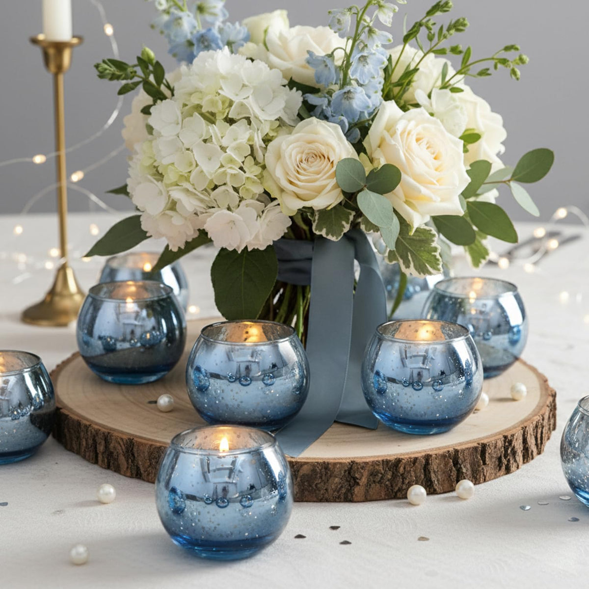 LAMORGIFT 24 Pcs Blue Votive Candle Holders- Blue Centerpieces for Tables, Round Mercury Glass Candle Holder for Wedding Decor, Bridal Shower Decorations