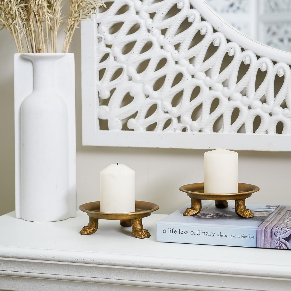 NIKKY HOME Gold Clawfoot Pillar Candle Holders Set of 2, Vintage Iron Tray