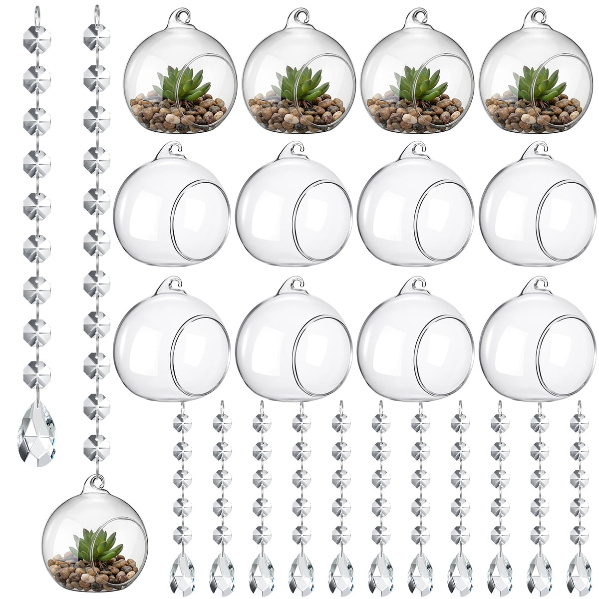 GlikCeil 56 Pcs 3.15'' Hanging Glass Tealight Holder Globe with K9 Crystal Garland Strands,Teardrop Pendant Hanging Tealight Candle Holder Orbs Air Plant for Wedding Centerpiece Party Decor (Clear)