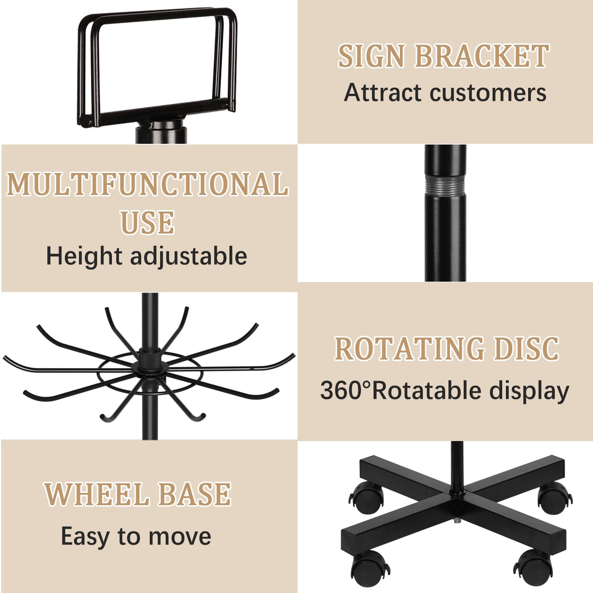 Exttlliy Retail Display Stand Store Display Rack 6 Tier Metal Spinning Display Stand Rack with Wheels Keychain Jewelry Stocking Hat Stand with Hooks for Malls, Showroom, Retail Store (6 Tier Black)