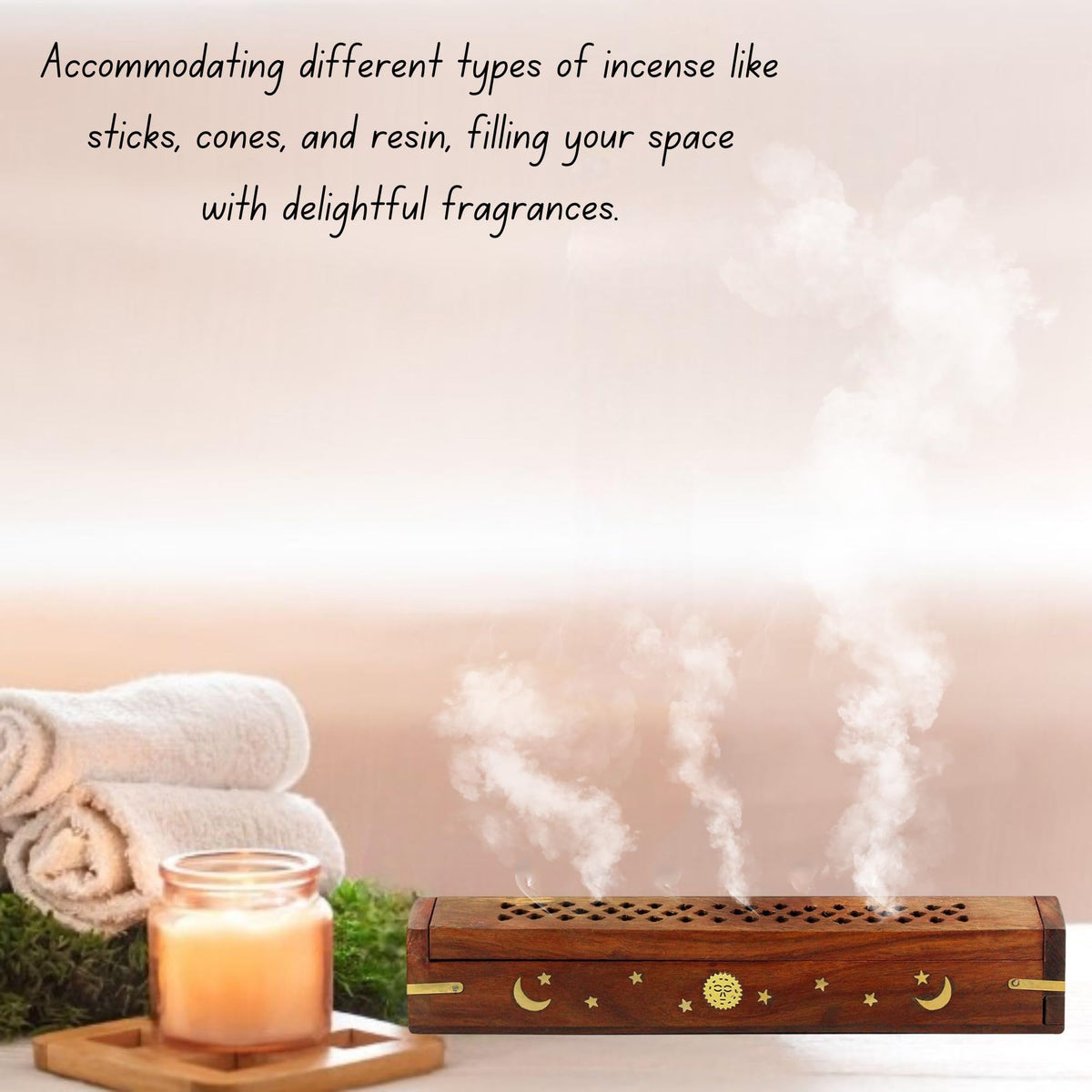 Vrinda® 2 Pack Handcrafted Wooden Incense Stick Holder with Sun and Moon Inlay - Ash Catcher for Meditation - Home Decor & Accessories, 12x2x1.5 inches