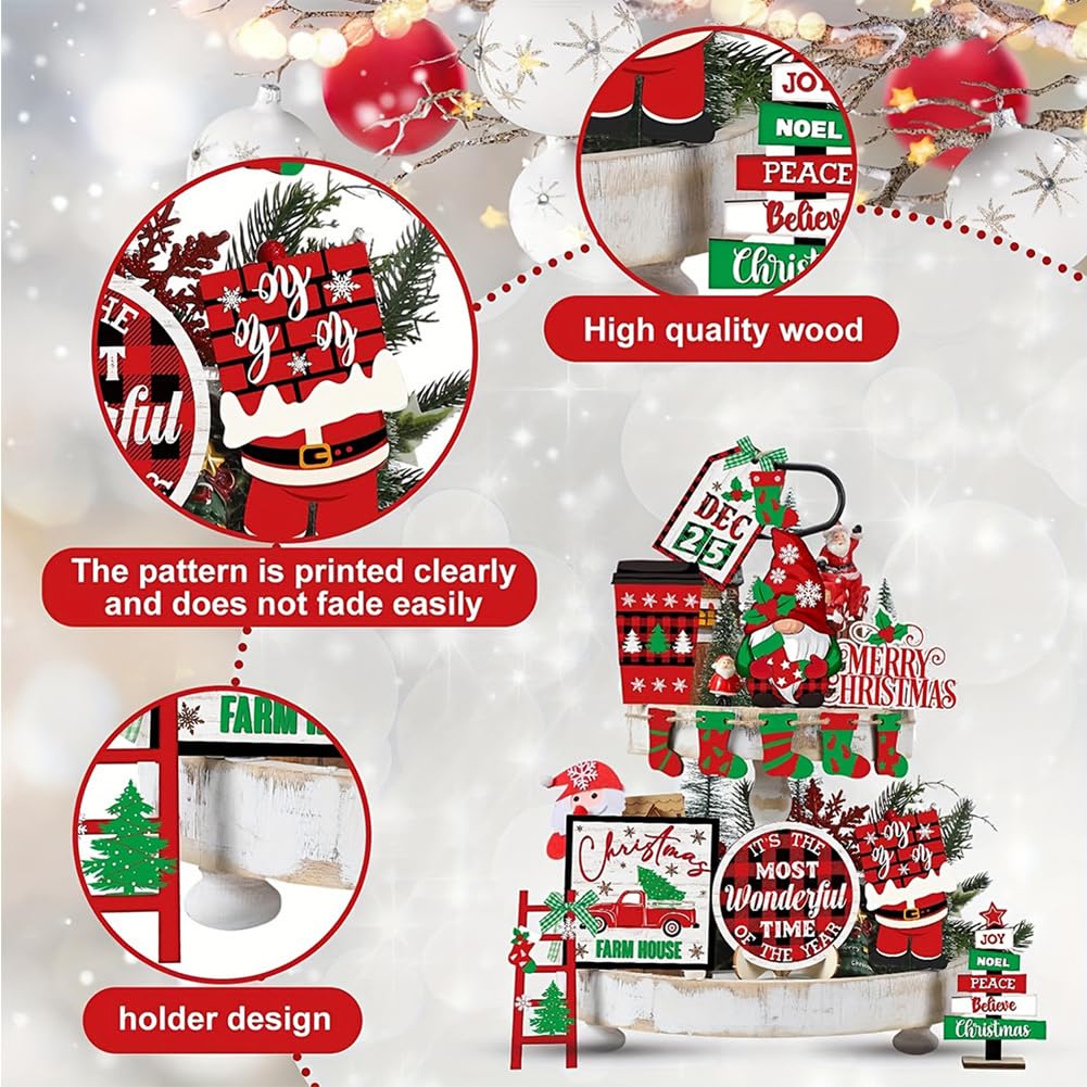FRANDEK 14Pcs Christmas Tiered Tray Decoration Set, Wooden Winter Holiday Decor with Santa Gnome Sock Designs, Fireplace Mantel Centerpiece Decorations for Home Shelf Fireplace Kitchen Home Party