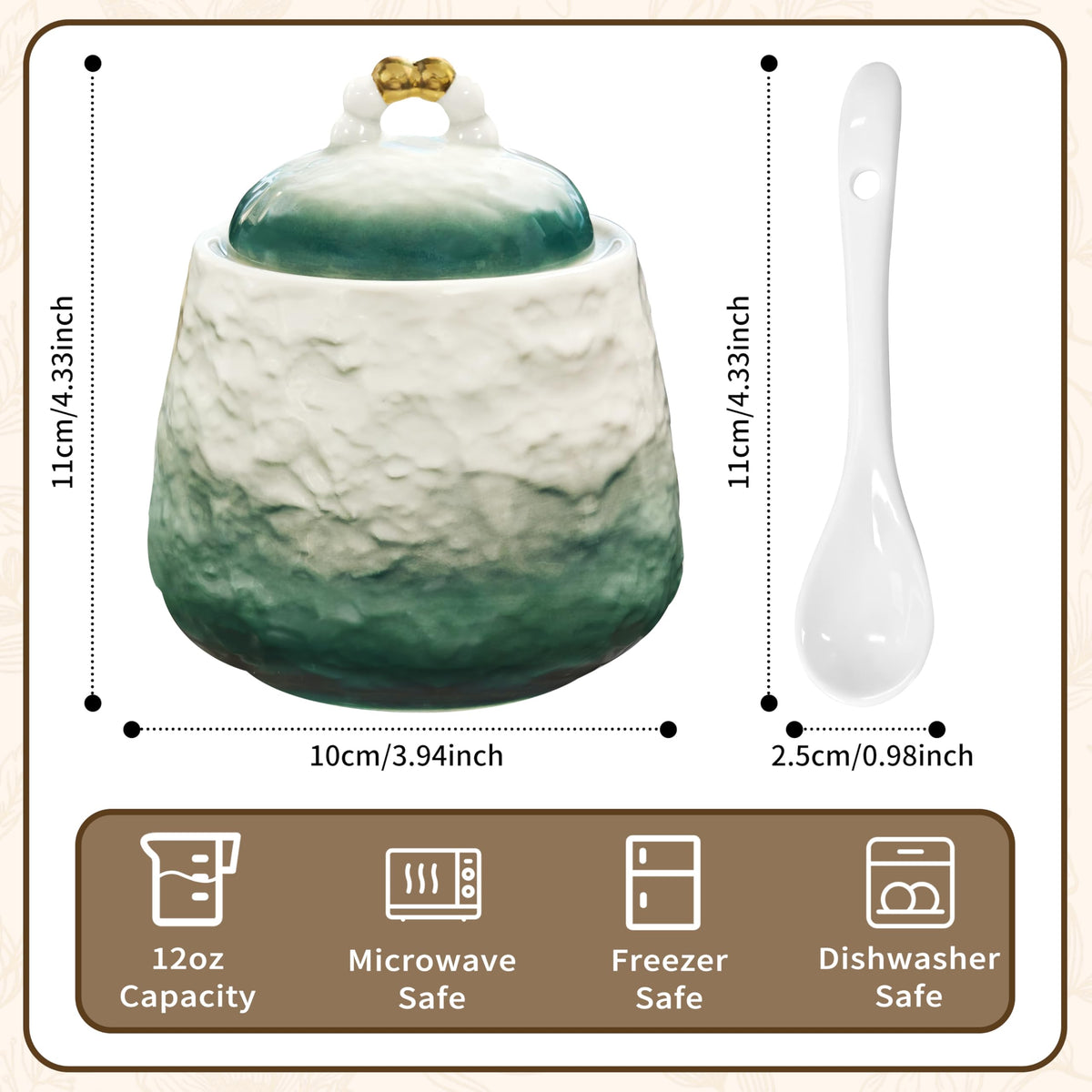 BarroSol Ceramic Sugar Bowl with Lid and Spoon,12oz Sugar Bowl with Gradient Texture, Sugar Container with Lid and Spoon Sugar Jar for Coffee Station Accessories,Dishwasher & Microwave Safe,Green