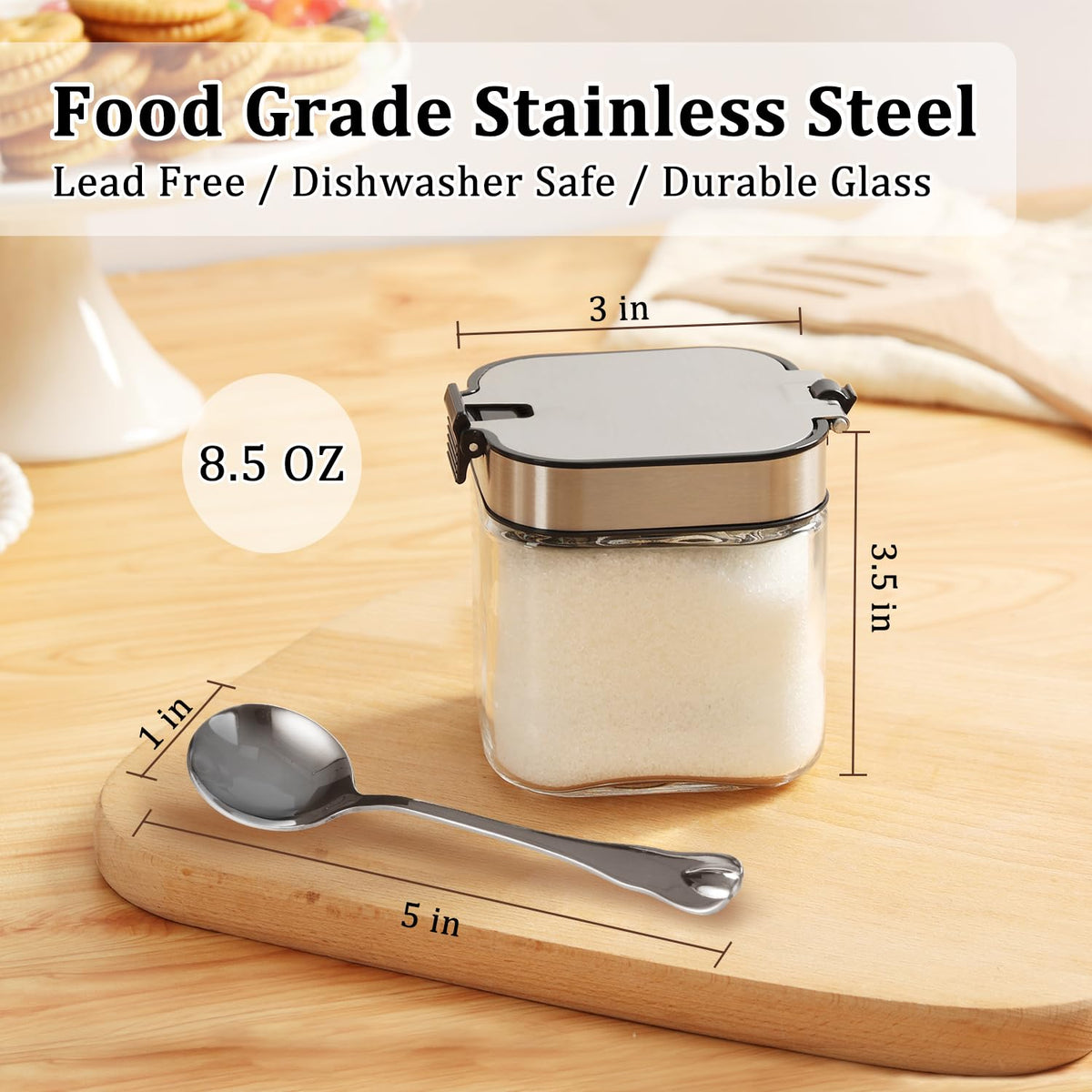 Aelga Glass Sugar Bowl with Lid and Spoon, 8.5 OZ Sugar Container Stainless Steels Flip Lid, Salt Container for Kitchen, Coffer Bar Accessories, Countertop, 2 Pack