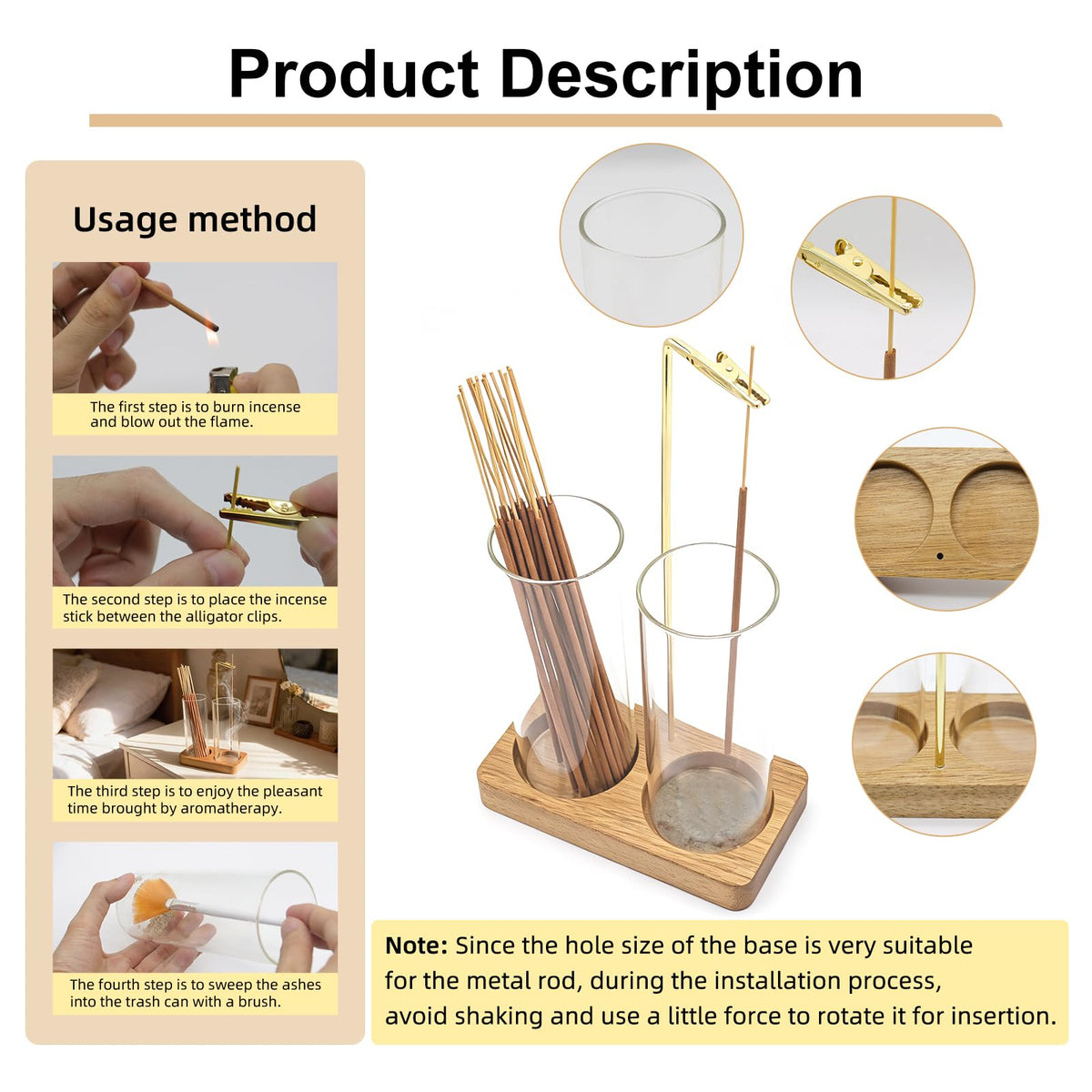 Acacia Incense Holder for Sticks, 2 in 1 Incense Burner with Glass Ash Catcher, 20 Incense Sticks and Brush, Backflow Incense Burner, Incense Burner for Meditation Yoga Spa