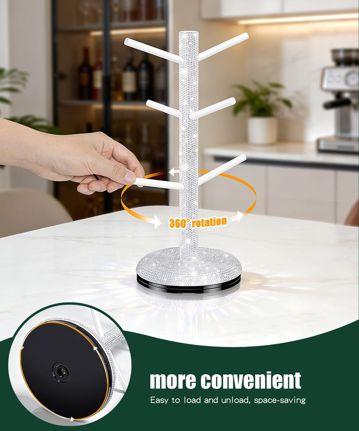 Mulixis Bling Mug Holder Tree, 360° Rotation Coffee Cup Holder with 6 Hooks Crystal Rhinestone Mug Tree Rack Aesthetic Design Home Organization（White）