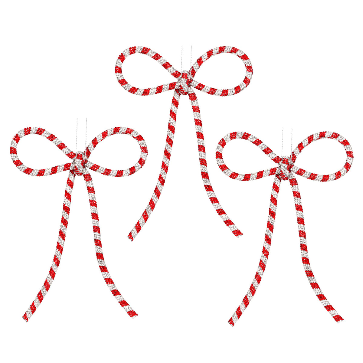 XMIAOX 3 Pcs Handmade Rhinestone Bow Christmas Ornaments, Sparkling Candy Cane Bows for Holiday Tree, Wreath & Gift Wrapping, Reusable Holiday, Home, Party Décor (Red & Silver, Small)