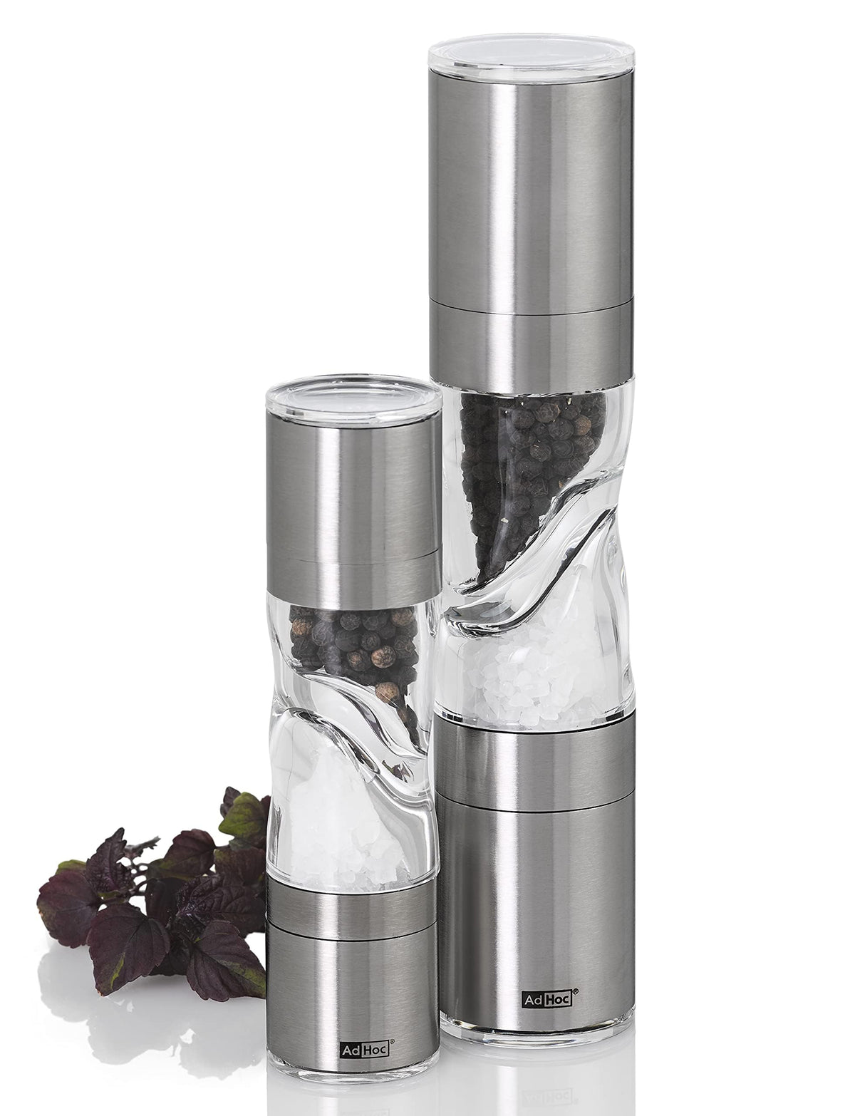 AdHoc Mini Duo Salt and Pepper Mill - Salt & Pepper Grinders with Ultra-Sharp Grinding Mechanisms - Refillable Mills & Spice Shakers with Adjustable Grinding - Stainless Steel/Acrylic