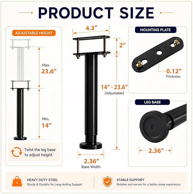 6Pcs Bed Frame Support Leg, Adjustable 14" to 23.6", Increase Under-Bed Storage