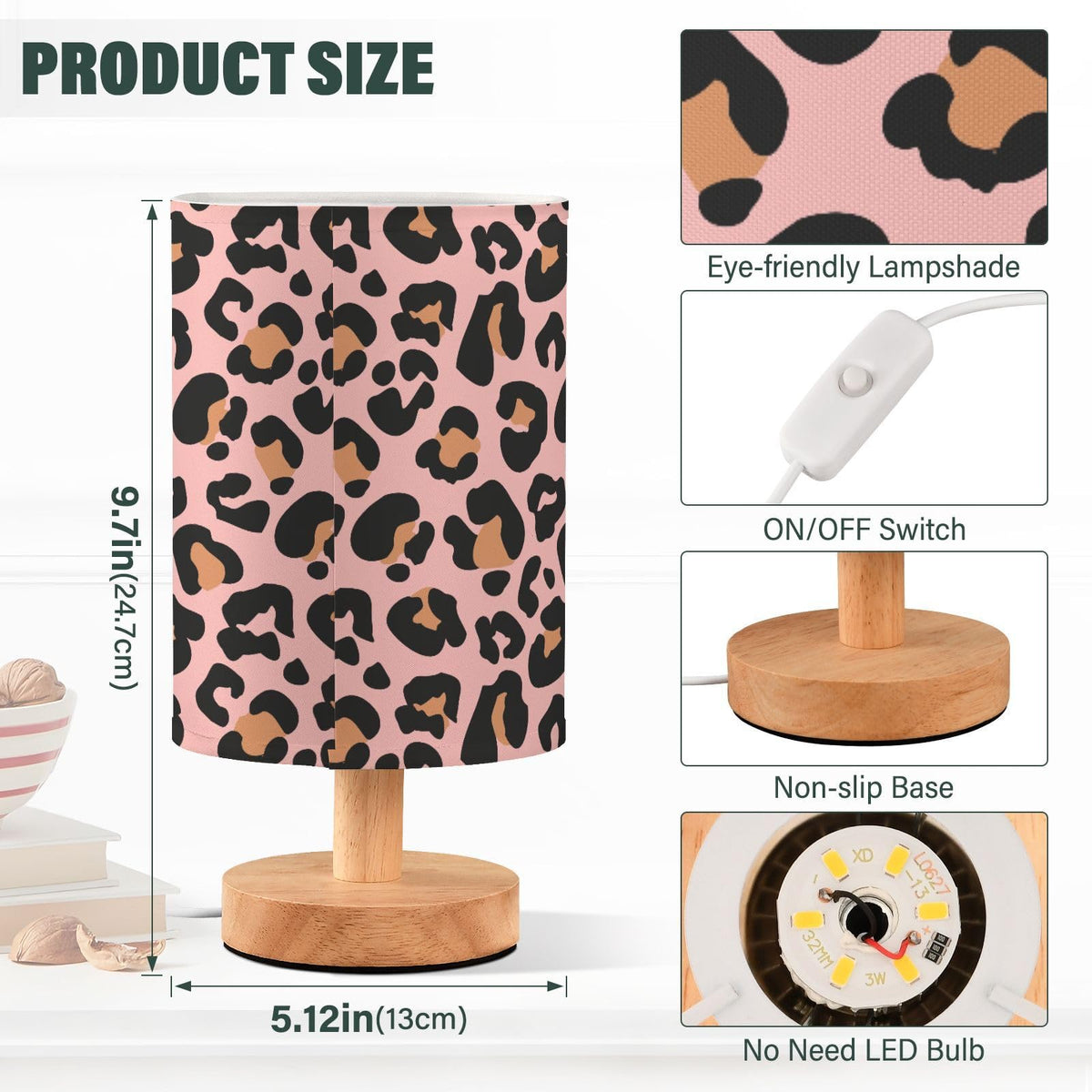 Oarencol Bedside Table Lamp Pink Leopard Nightstand Lamp with Wood Animal Cheetah Print Desk Lamps for Bedroom Living Room Nursery Office Home Decor