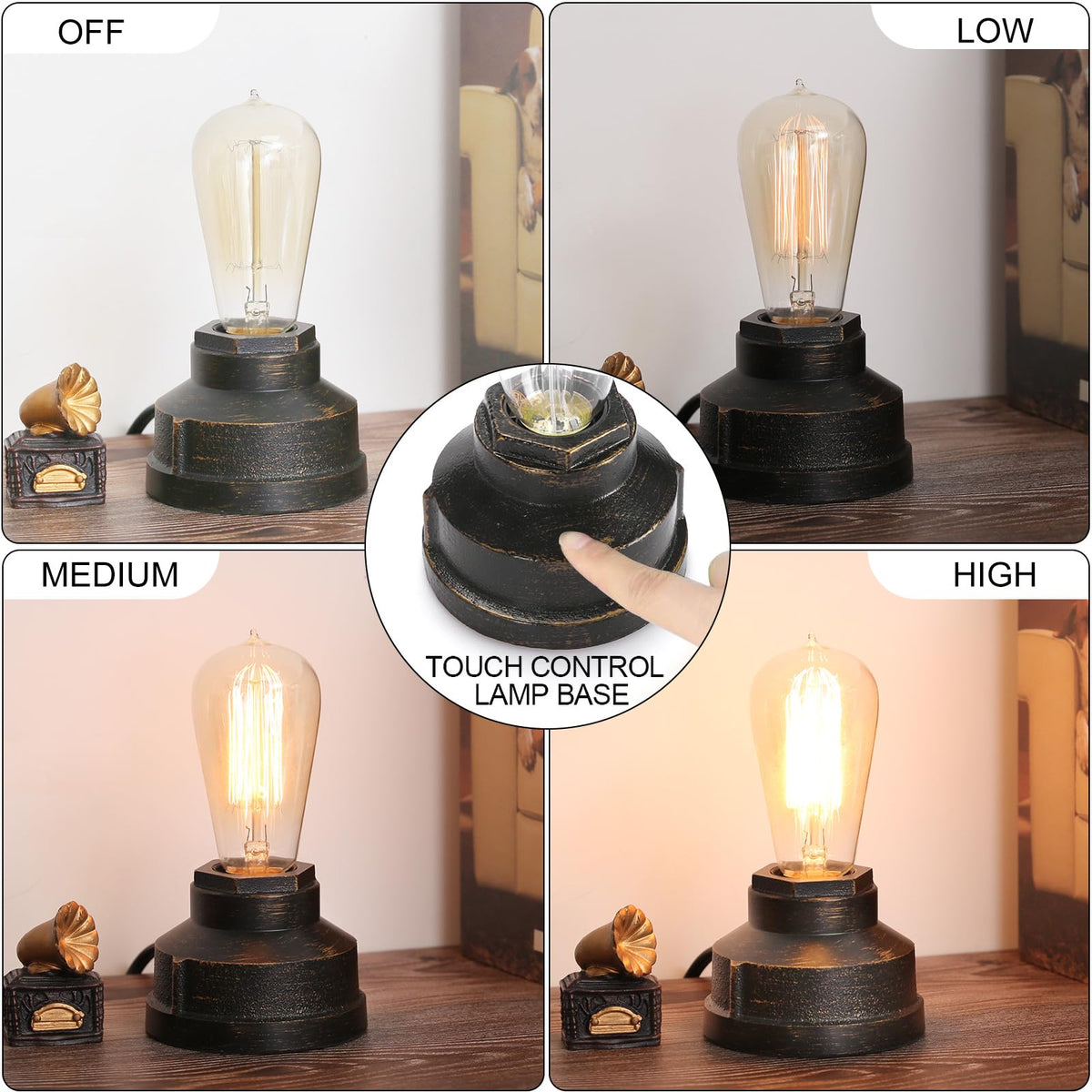 Boncoo Small Touch Control Table Lamp Base, Industrial Touch Light Vintage Edison Bulb Base, Dimmable Bedside Nightstand Accent Light for Living Room Bedroom, Antique Steampunk Style