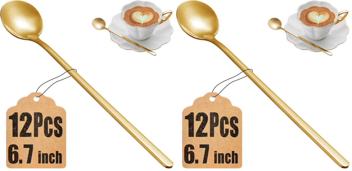 12 Pcs Coffee Spoons Set, 6.7" Gold Tea Spoons Long Handle, Gold Small Teaspoons, Stainless Steel Espresso Spoon, Long Spoon for Stirring, Coffee Bar Accessories (Pack of 2)