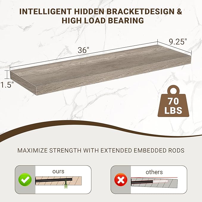 Acovy 36 Inch Floating Shelves, 3D Textured Wood Grain, Wooden Shelves