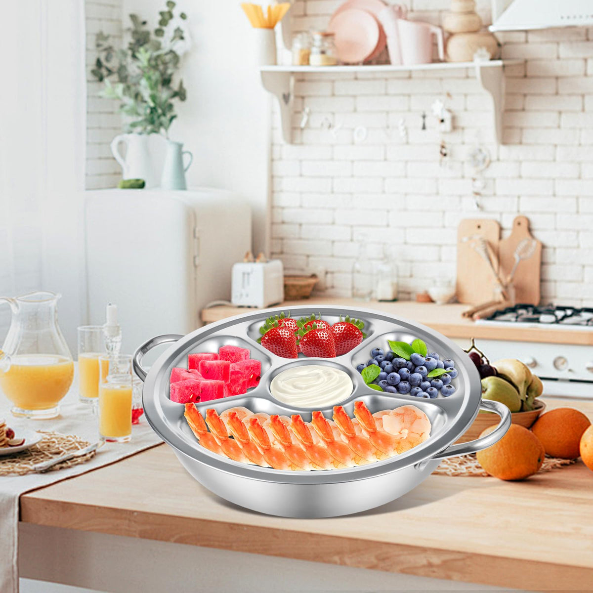 2 Set Shrimp Cocktail Serving Dish 11 Inch Stainless Steel Dip Chiller Serving Bowl, 2 5-Section Chilled Food Trays 2 Round Plate with Handle for Dinner Buffet Seafood Oysters Crawfish Veggie Fruit