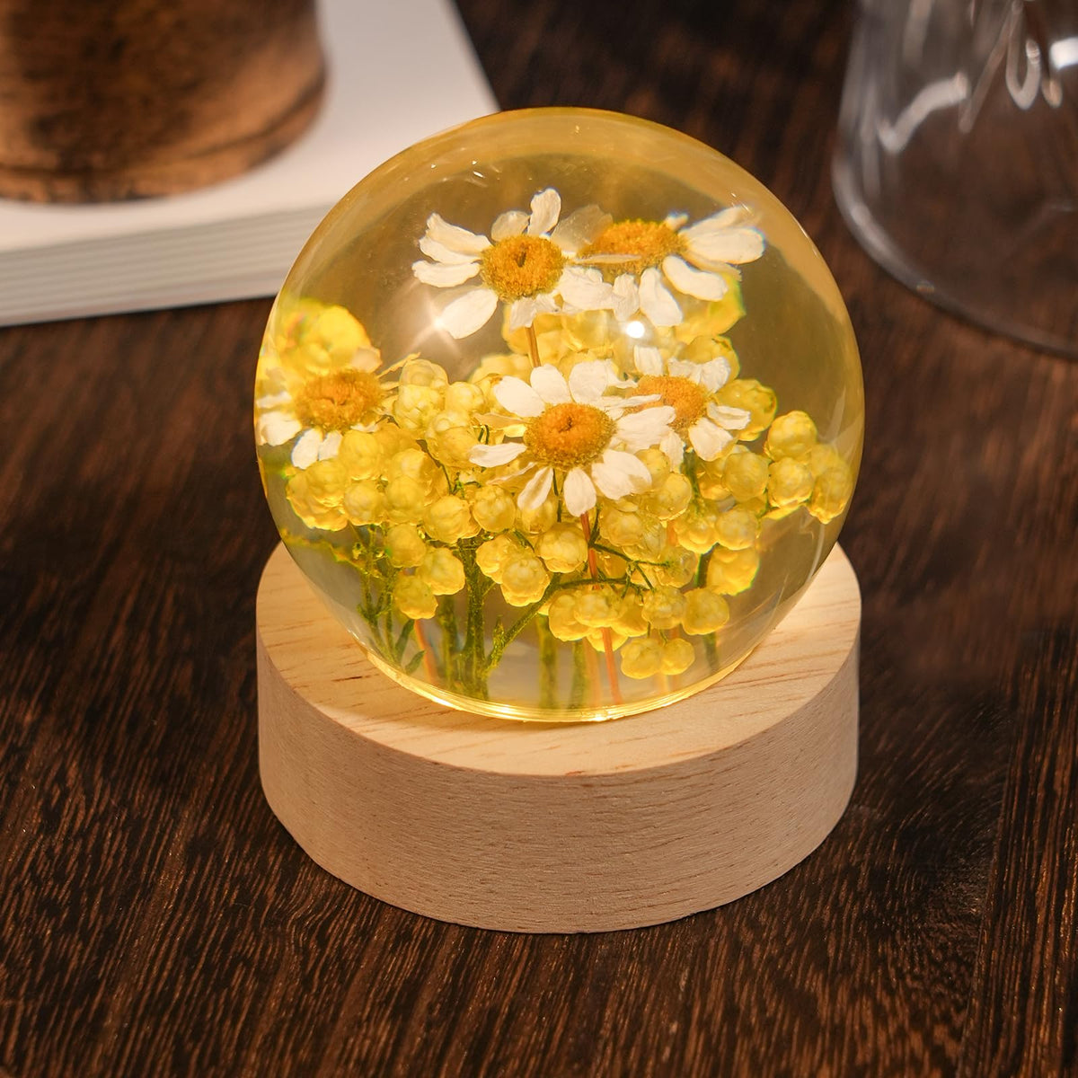 QNCMBUG Chamomile Crystal Ball Night Light - Real Chamomile Encased in Glowing Resin Ball, USB-Powered Desk Lamp with Wood Base, Unique Daisy Gift for Valentine's Day, Mother's Day & Home Decor