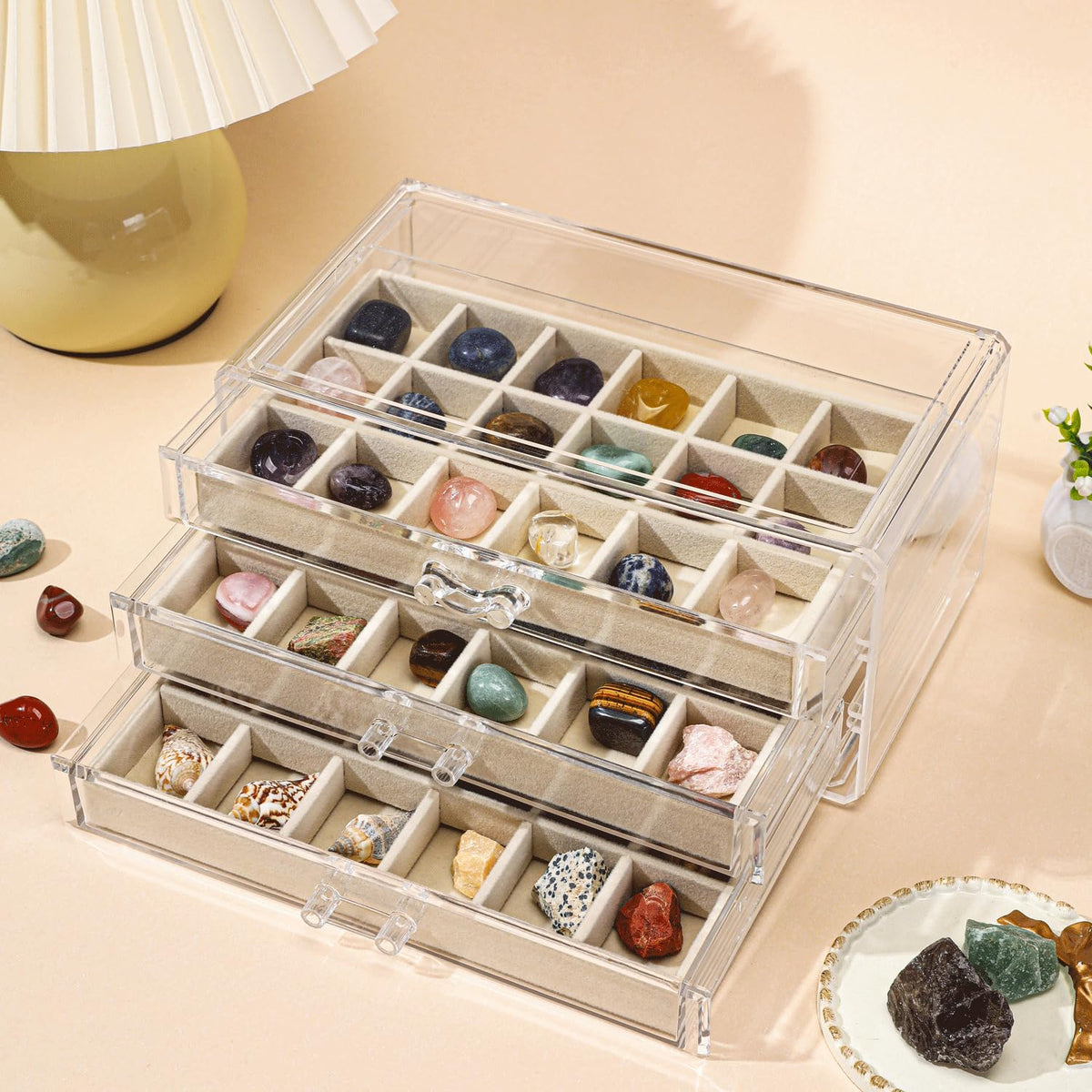CLUQMEIK Acrylic Rock Collection Display Case with 54 Grids Storage Compartments Rock Collection Boxes Display Organizer Collection Storage Display Cases for Collectibles Crystal /Rock（Beige）