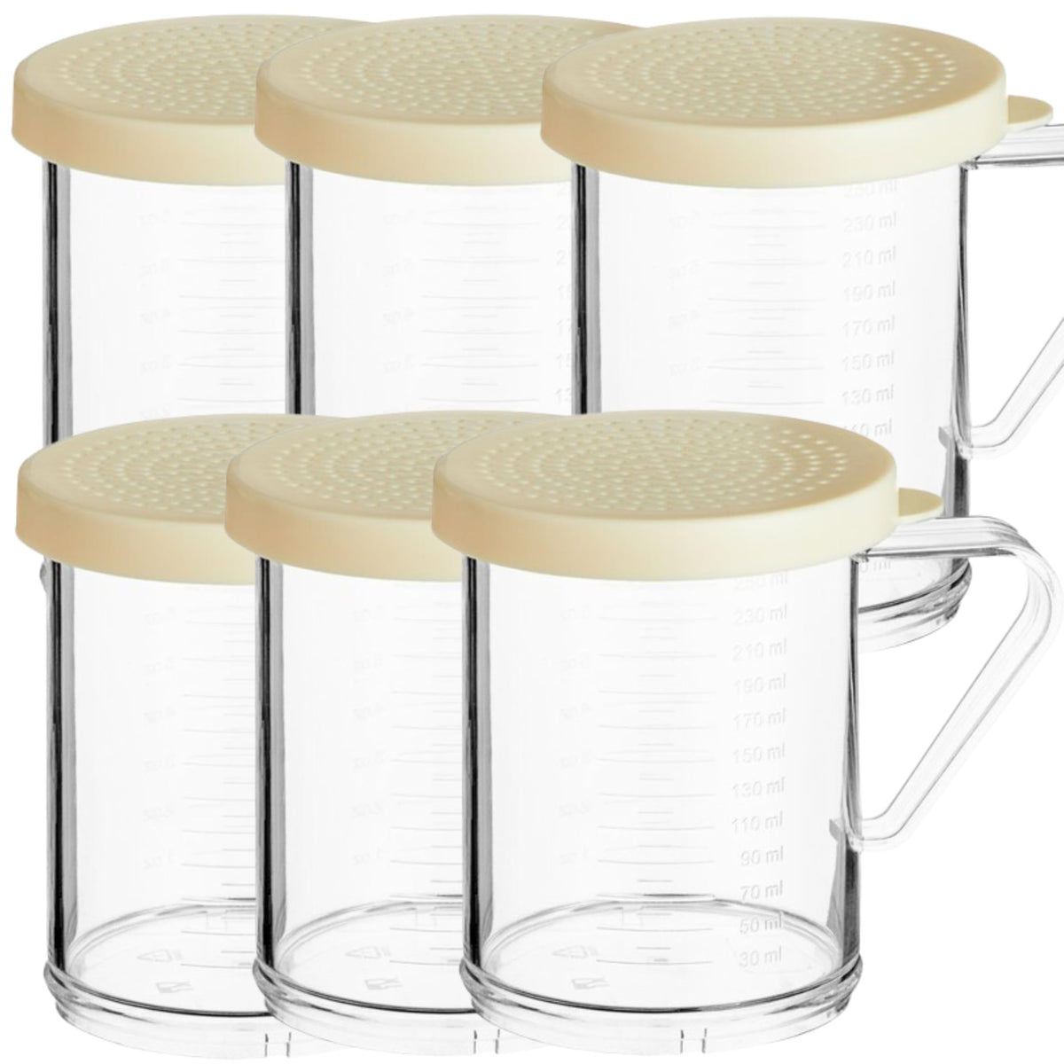 6-Pack 10 oz Polycarbonate Spice Shakers with Beige Lids, Durable Plastic Shaker Set with Measurements & Secure Handle for Finely Ground Spices, Seasonings, & Powder, 2 mm Perforated Lid (6)