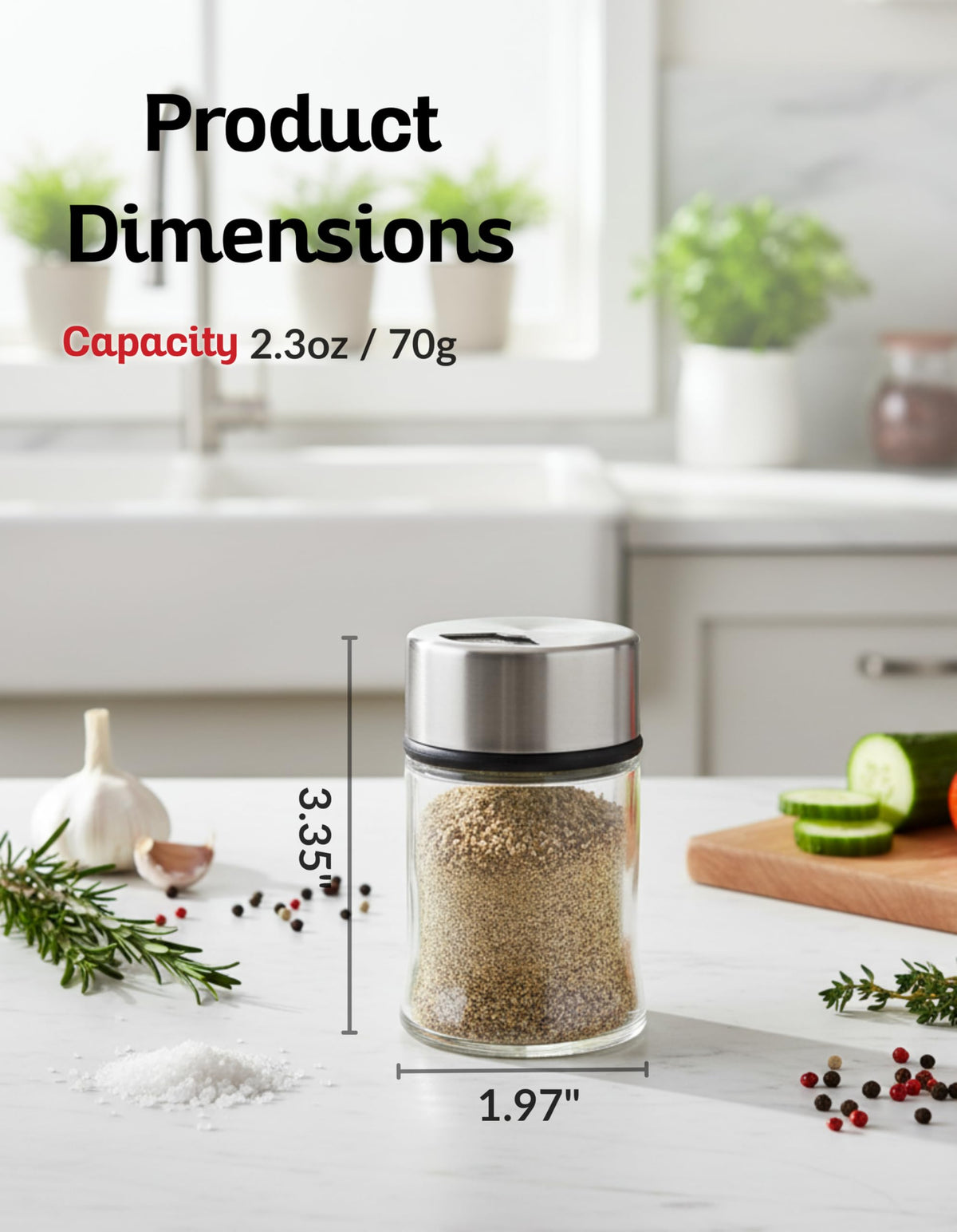 Stainless Steel Salt and Pepper Shaker with Adjustable Sprinkler Lid, Precision-Crafted Glass Salt Dispenser for Kosher Salt, Pepper, Kitchen Spices, Herbs, Coffee, Protein Powder and Baking