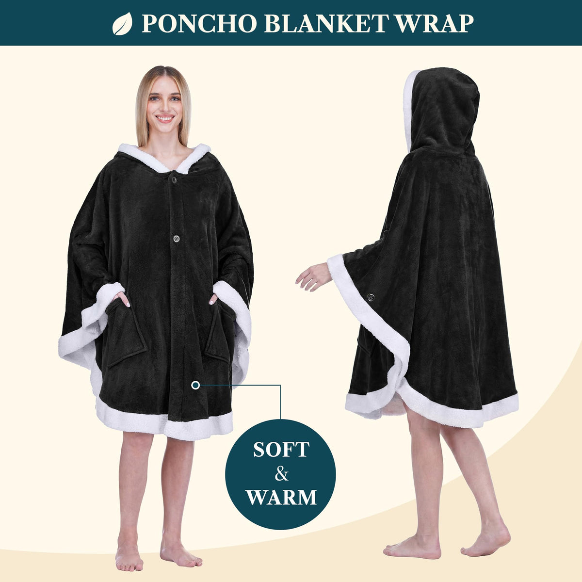 PAVILIA Hooded Blanket Poncho, Women Sherpa Fleece Shawl Wrap with Hood, Wearable Blanket Cozy Warm Poncho Cape Throw with Pockets, Gift for Elderly Mom, Black