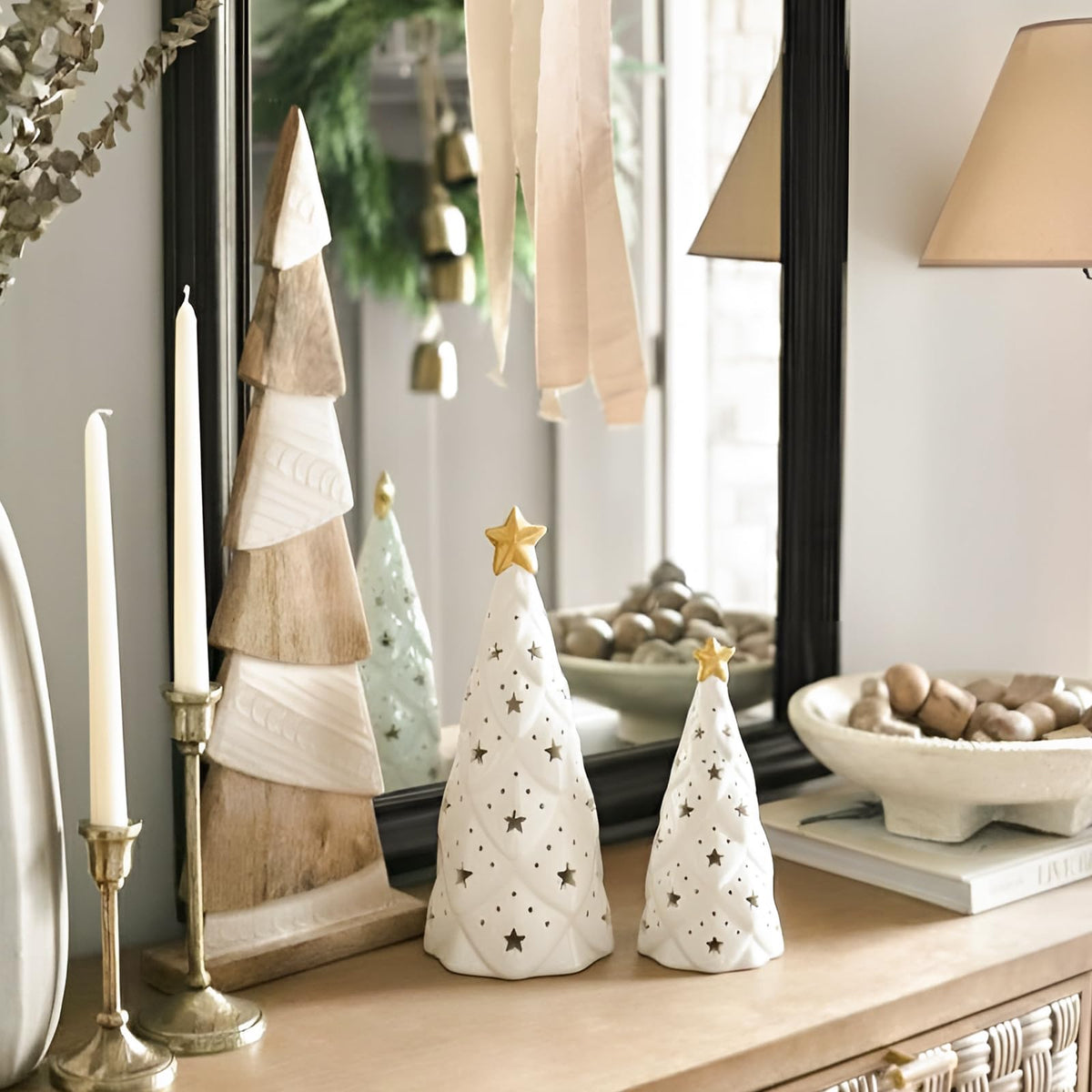 DN DECONATION Ceramic Christmas Trees Light Up White, 2Pcs Christmas Tree Lighted, Xmas Small Tree with Lights, Christmas Tree Figurines for Tabletop Fireplace Home Centerpieces Decoration