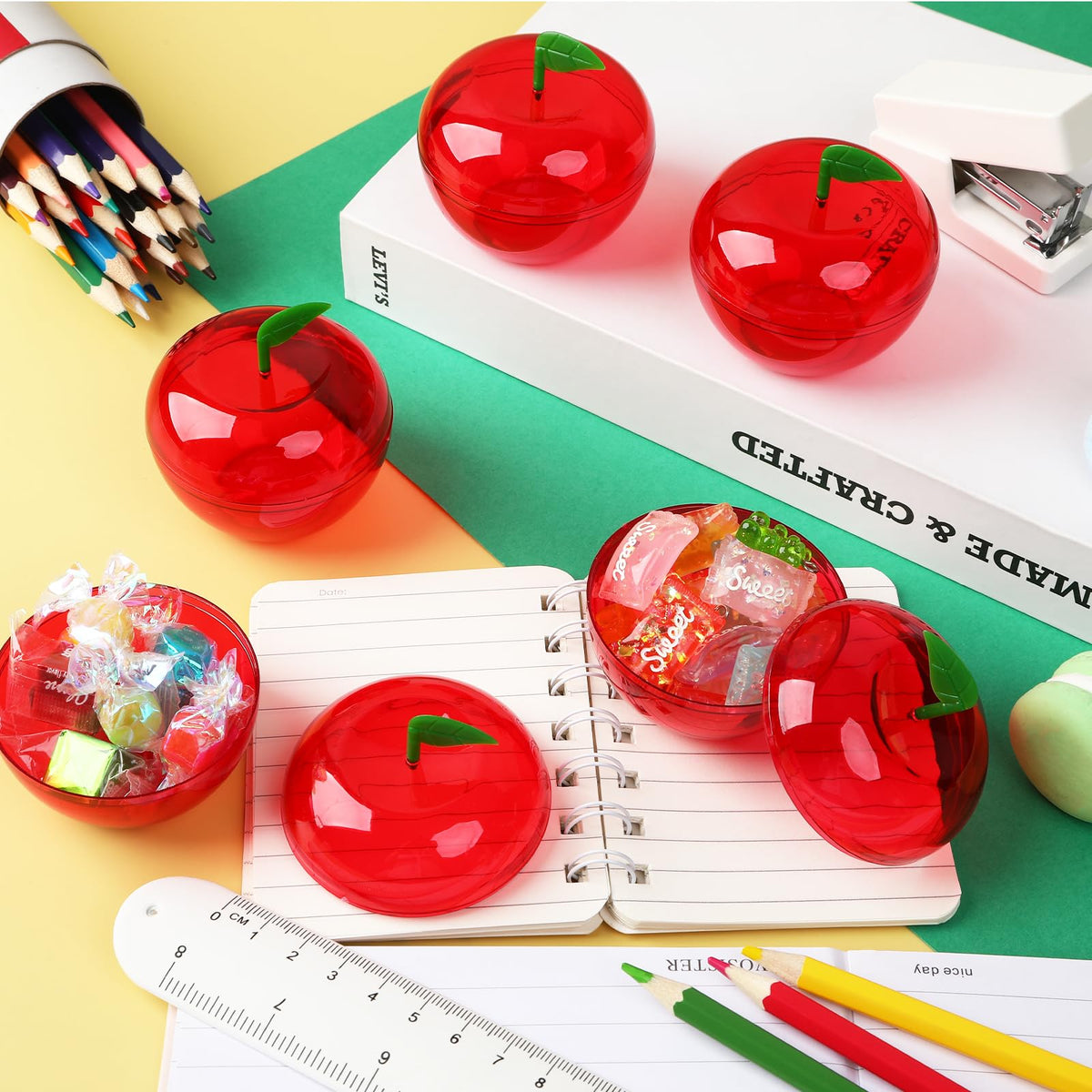 Jansun 12 Pcs Plastic Apples Containers Teacher Gifts Bulk Red Clear Apples Container Apples Decorations for Back To School Candy Holder Rosh Hashanah Christmas Party Favor