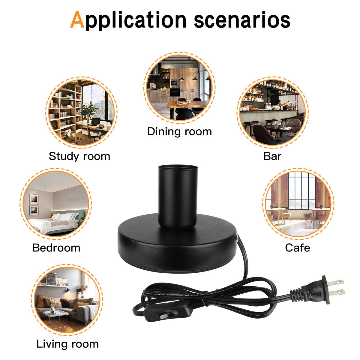 Helunsi Industrial Table Lamp Base, E26 E27 Lamp Base Without Shade, Mini Short Desk Lamp Exposed Bulb Base, Simple Metal Edison Light Bulb Stand, with 5.8ft Cord Switch Plug Bulb Base Holder (Black)