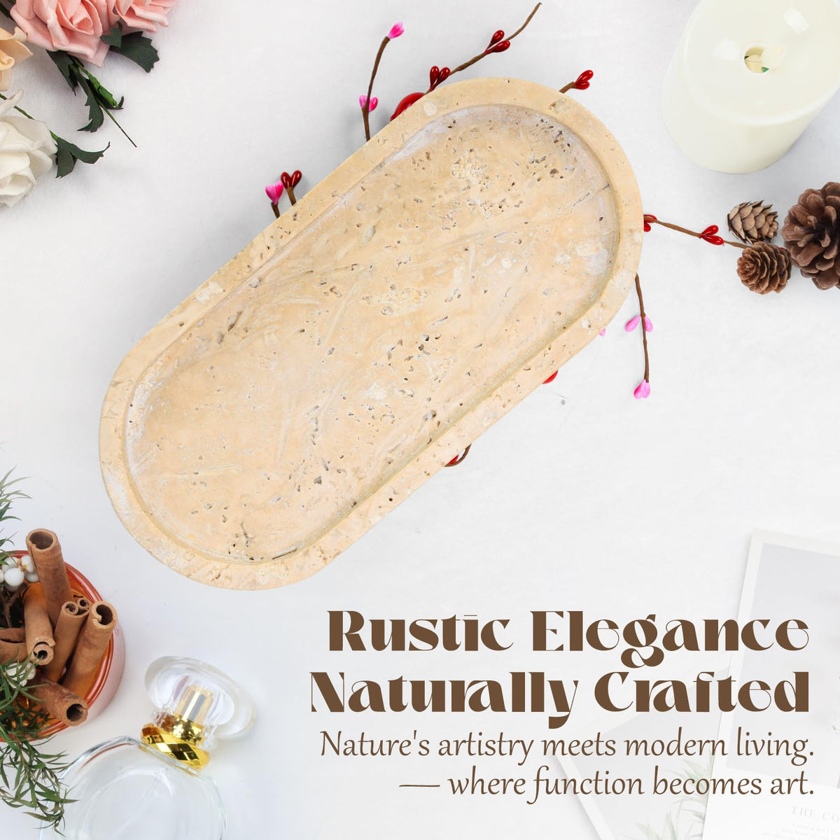 Axiqunel Natural Travertine Oval Tray with 2 Legs, 9.6"x4.7" Vanity Decorative for Countertop Ornaments, Catchall for Perfume, Candles, Jewelry Dish & Home Decor