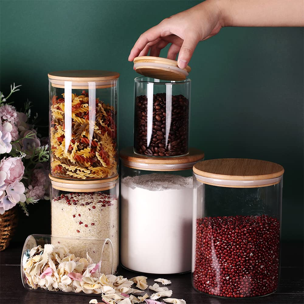 Tzerotone Glass flour Jars with Airtight Lids, 6 Pack Sugar and Flour Salt Containers Set, Extra Large Glass Rice Jar with Bamboo lid for Kitchen, Brown Suger, Beans, Groub Coffee (100OZ/54OZ/27OZ)