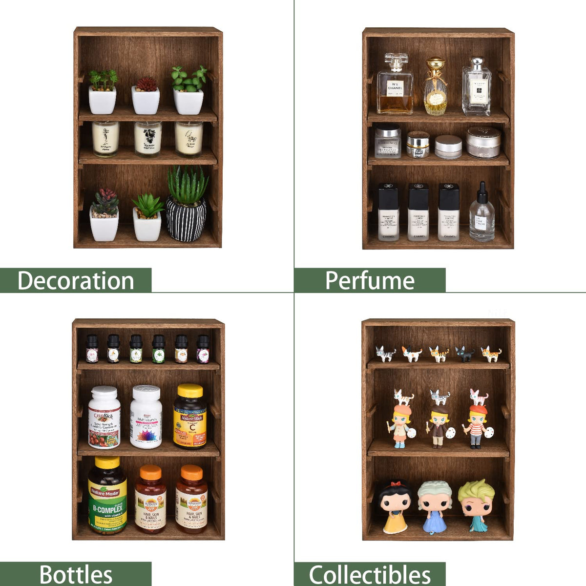 Ikee Design Wooden Wall-Mounted Display Shelves Rack for Collectibles-Figures,Shot Glasses,Spice Can,Cosmetics or Perfume-5 Adjustable Height Shelves,Space-Saving- Brown Color