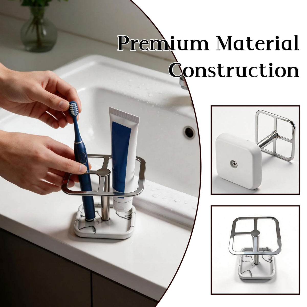 Toothbrush Holders for Bathrooms, Toothbrush and Toothpaste Holder - Modern Stainless Steel Stand with White Marble Base, Countertop Organizer for Bathroom Vanity