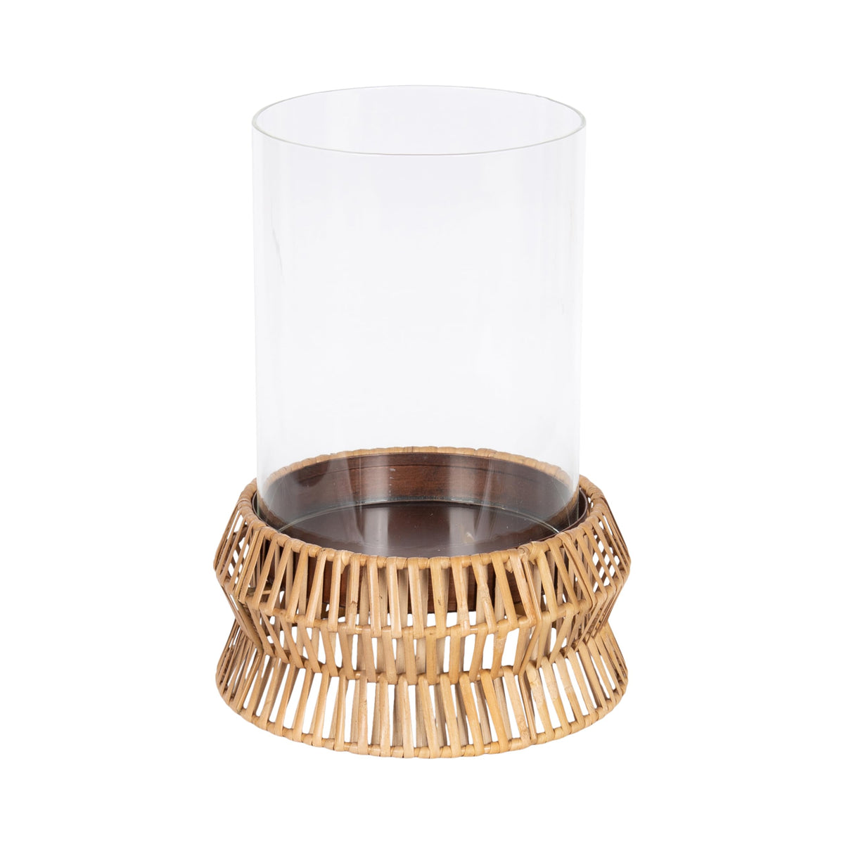Kate and Laurel Rashana Modern Boho Rattan Pillar Candle Holder, 8 x 8 x 11, Natural, Coastal Hurricane Candle Holder with Glass Cylinder for Living Room Decor