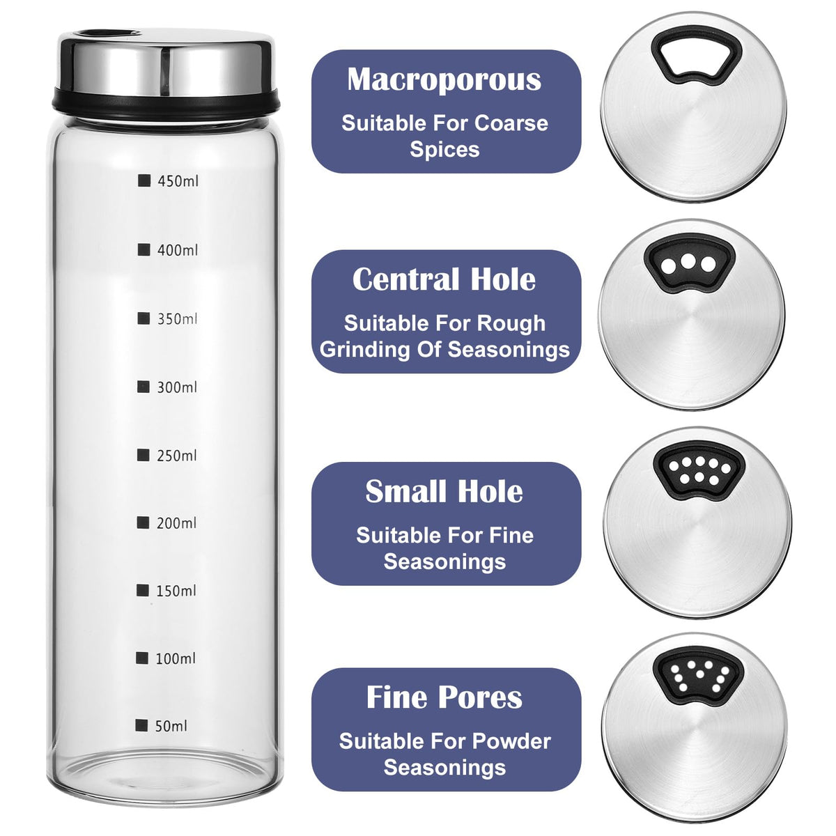 Kifmurase 4Pcs Salt Pepper Shakers with Adjustable Outlet Holes, 4 Sizes Clear Glass Shaker Bottles, Salt Shakers for Kitchen, Spice Seasoning Cans for Kitchen Decor Home Restaurant BBQ Camping