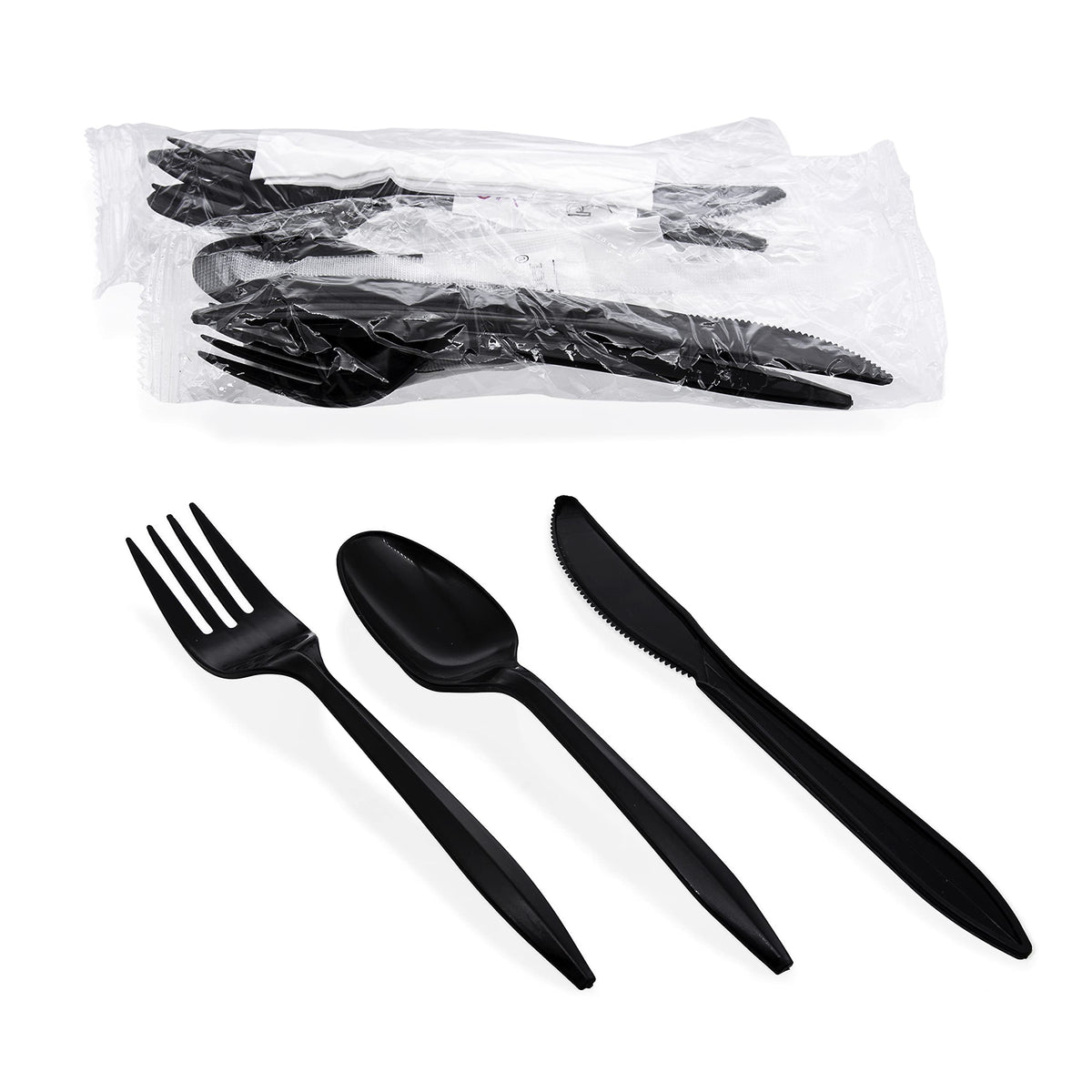 Party Essentials Individually Wrapped Plastic Cutlery Kits/Silverware Packets, 250 Sets, Black Fork/Spoon/Knife/Napkin/Salt/Pepper