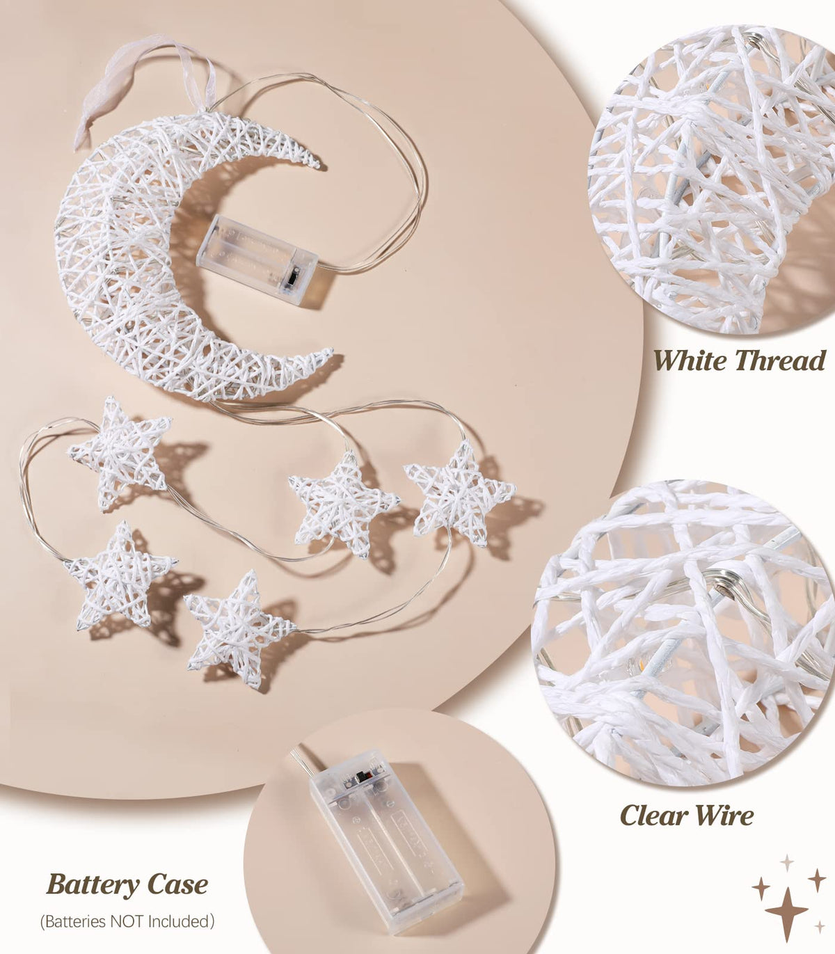 Lewondr Hanging Light,Rattan Moon Star Fairy Lights Indoor Decorative Lights Window Light Easy Operated Star Lights for Children's Room Bedroom Party Ramadan Decoration with Timer Fuction,White