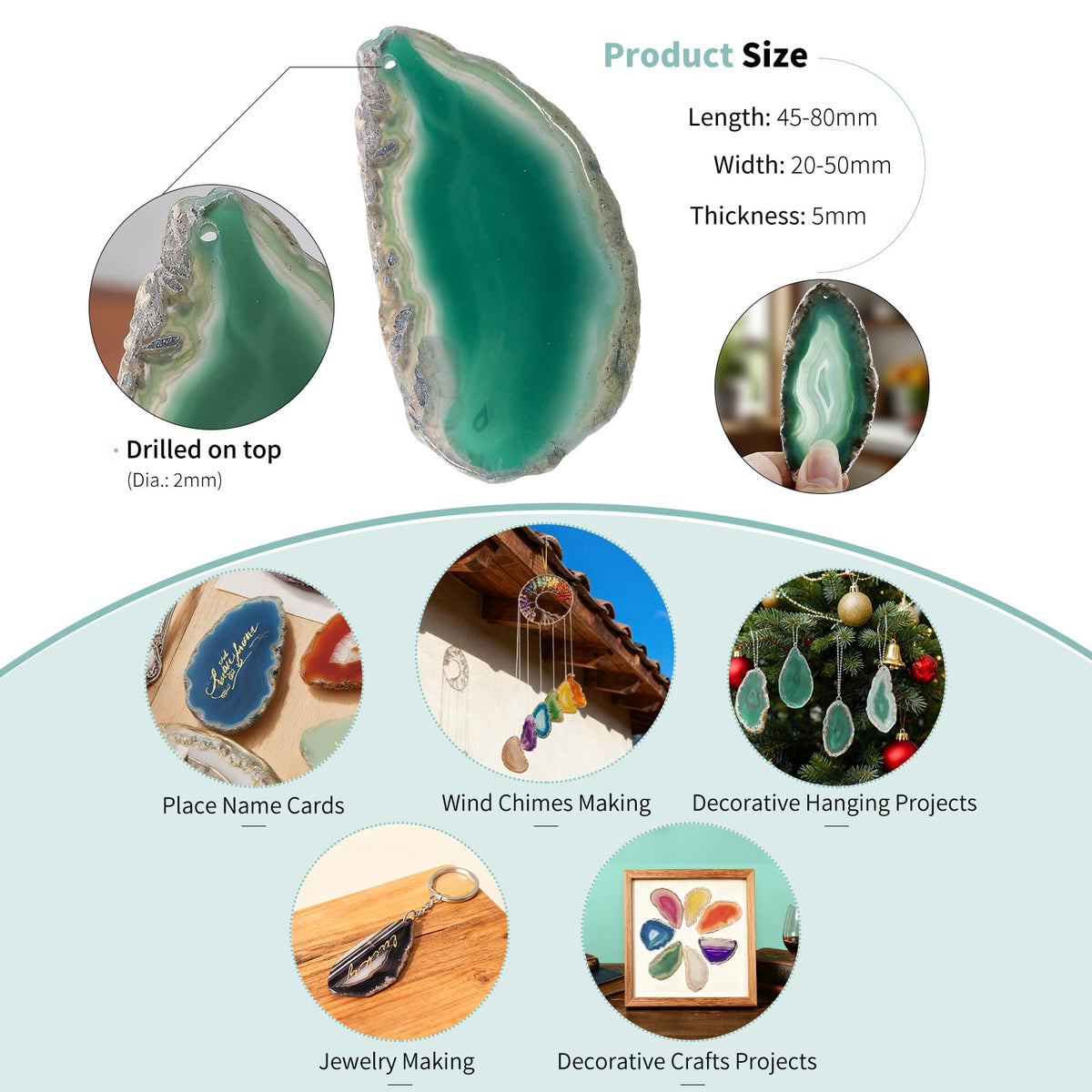 dssmboom Set of 10 Irregular Agate Slice for Jewelry Making, Polished Drilled Holes Agate Stone Geode for Home Decoration Place Name Cards DIY, Green