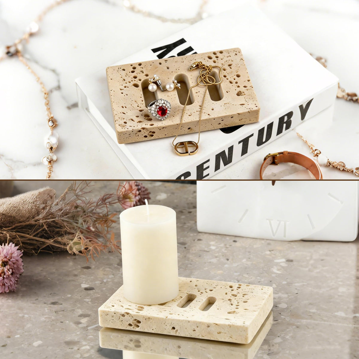 Natural Marble Soap Dish for Shower Stone Tray Small Bar Soap Holder with Self Draining | Non-Slip, Luxury Bath Room Accessories, Sponge Dish Scrubbers Tray for Kitchen Sink Counter Top (Travertine)