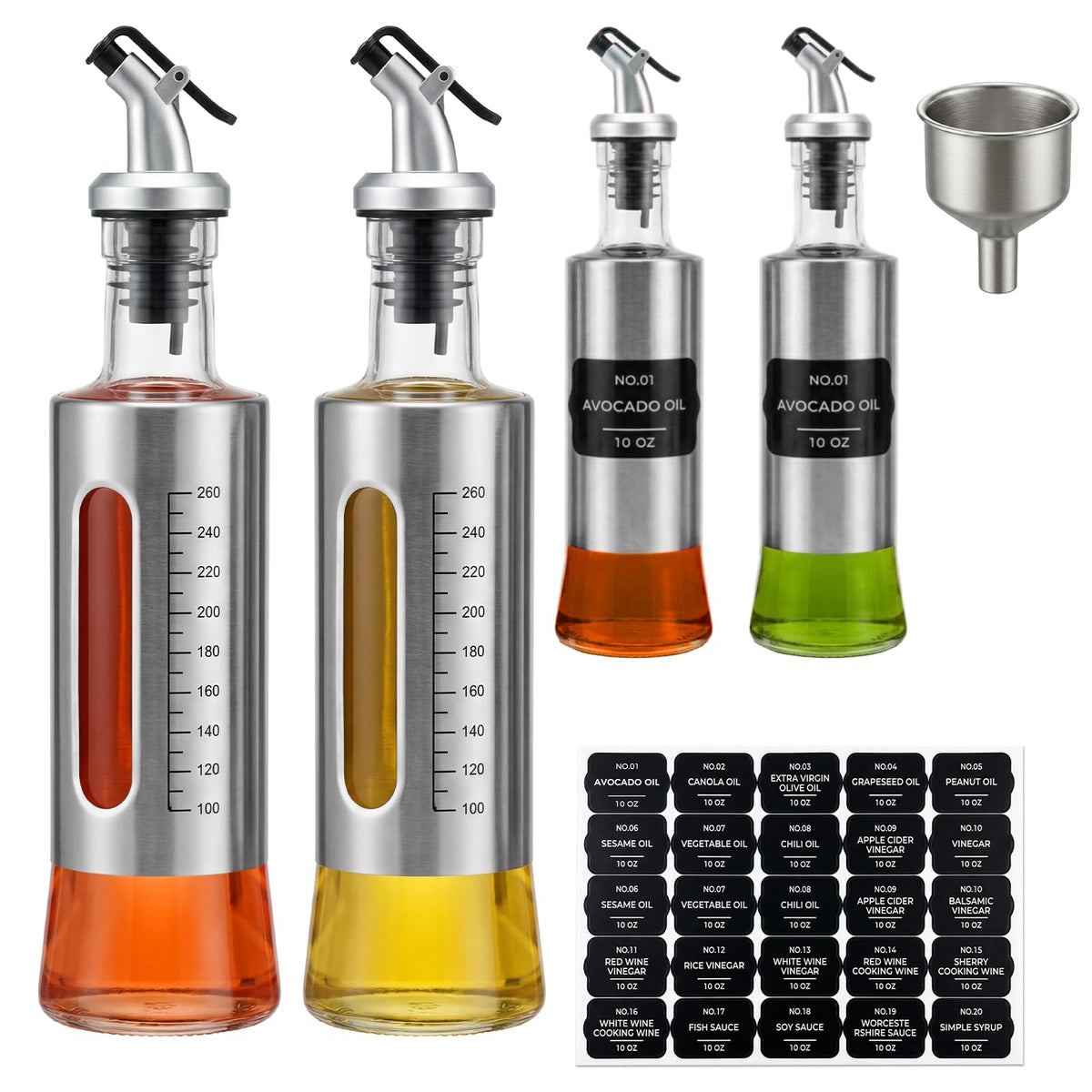 LIONTOTO Olive Oil Dispenser for Kitchen, 4 Pack 10oz/300 ML Cooking Oil and Vinegar Dispenser Set with 20 Labels Stainless Steel Funnel, Olive Oil Bottle, Soy Sauce Dispenser, Coffee Syrup Bottles