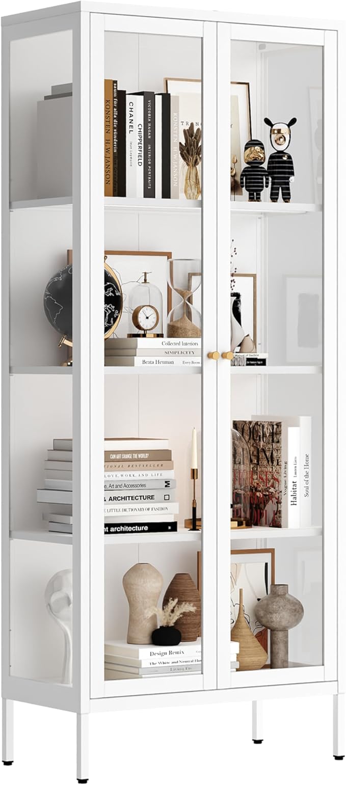 UNICOLY Display Cabinet with Glass Doors, Glass Display Cabinet 4-Tier