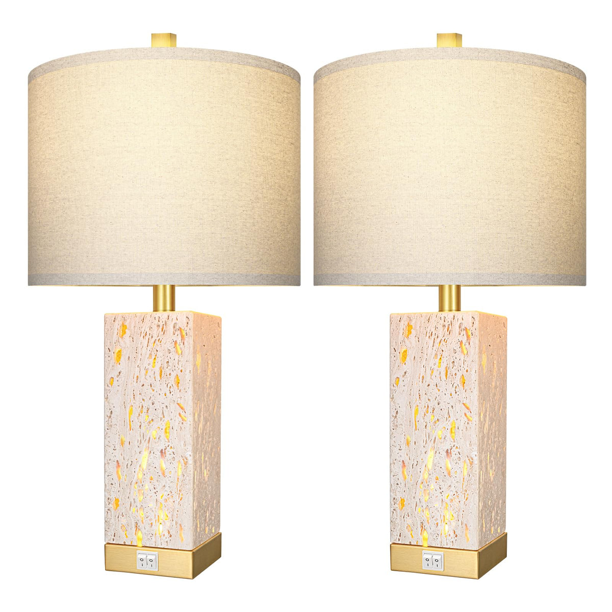 24" Modern Translucent Travertine Table Lamp Set of 2 with Night Light For Living Room,Natural Stone Desk Lamp with USB Ports.Farmhouse Bedside Nightstand Lamp Decor Bedroom home .Tradition End Lamp