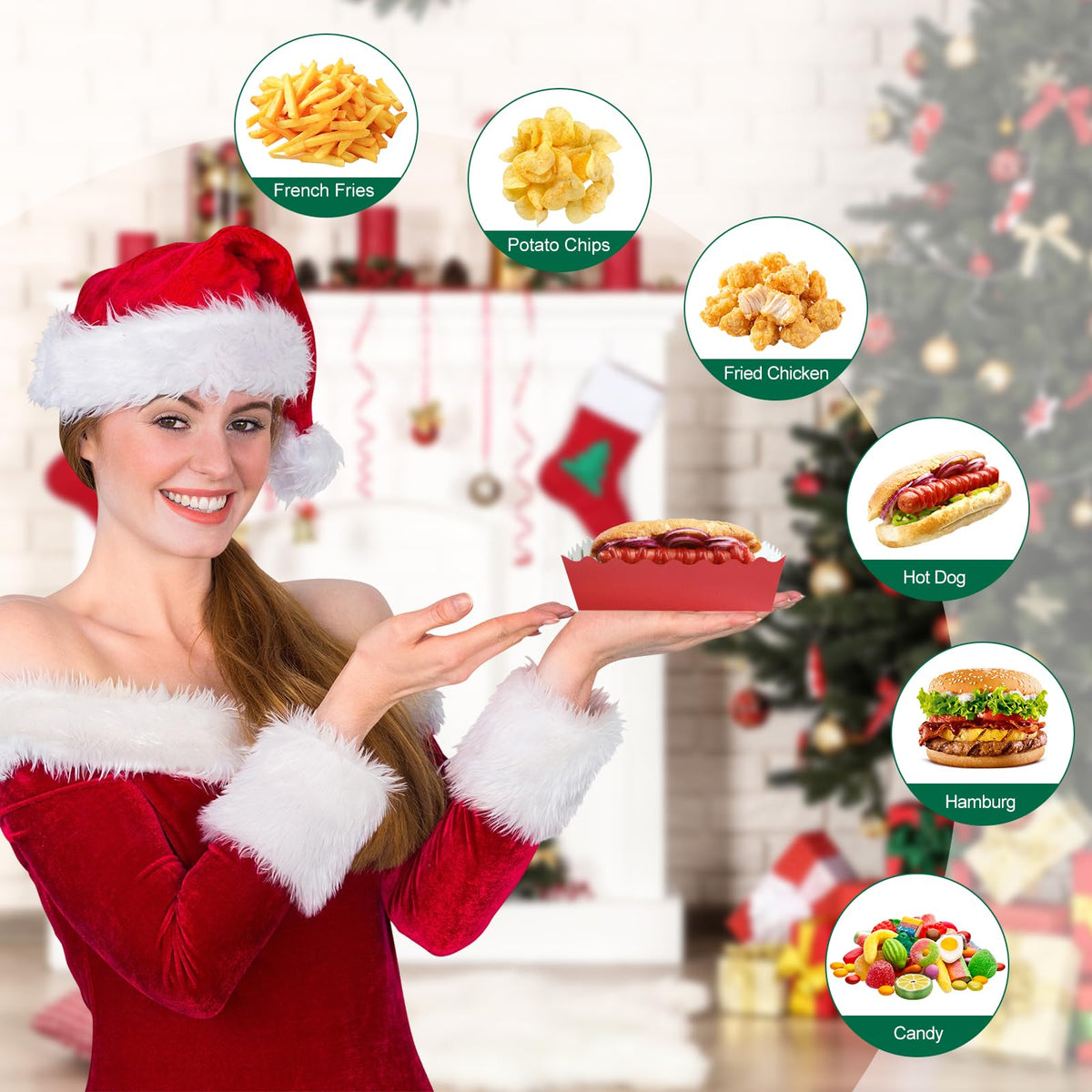 100 Pcs Christmas Paper Food Trays Christmas Cookie Tray for Gift Giving Red and Green Scalloped Food Serving Boat Disposable Trays for Serving Snack Xmas Holiday Party Decorations