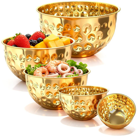 YEJZXY Stainless Steel Mixing Bowls Set, 5PCS Gold Hammered Bowls, 4.9/4.2/3.2/2.1/1.6QT Mixing Bowls for Kitchen, Nesting Design Serving Bowls