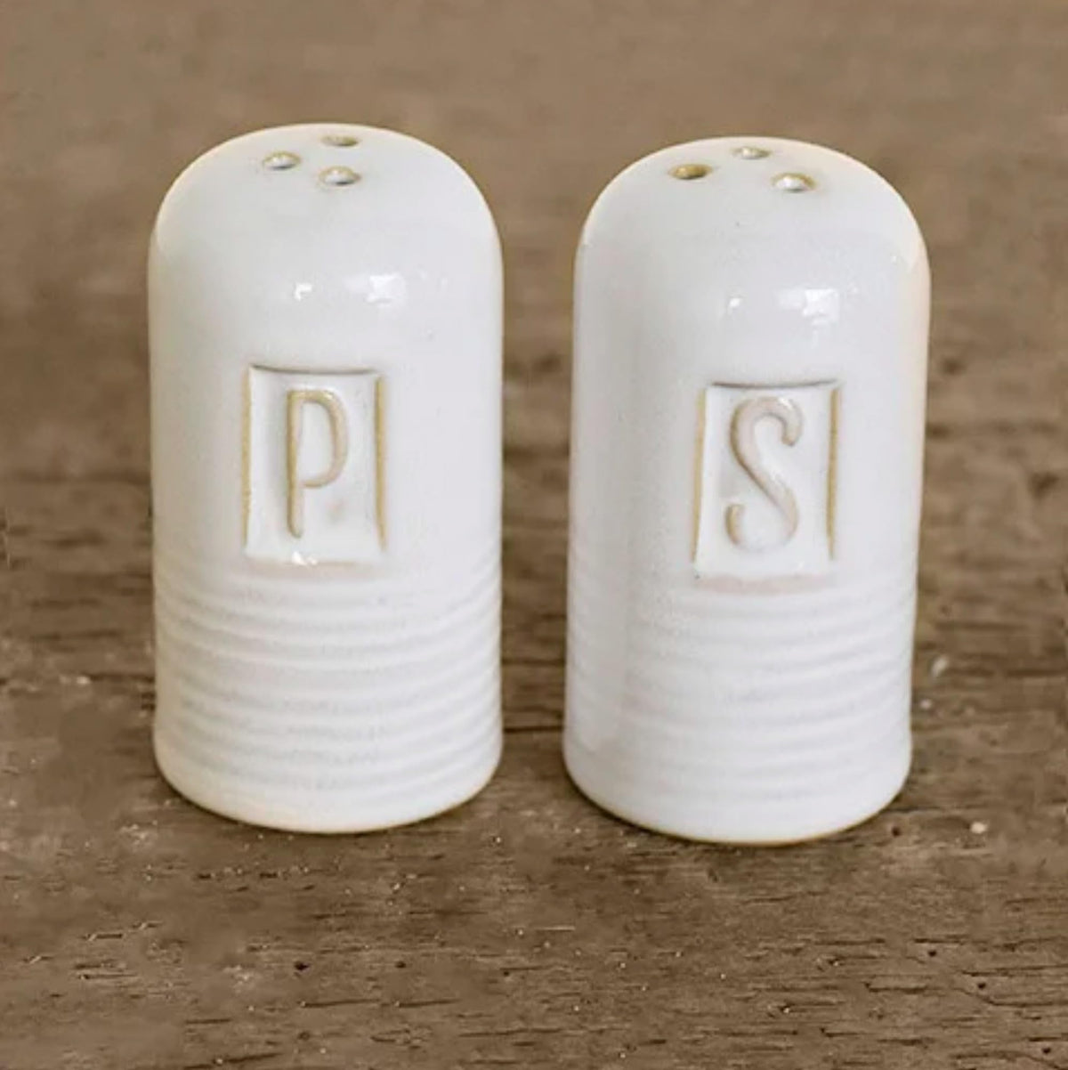 100 North S and P Ribbed Stamped Design, Antique White 3 x 1.6 Inches Glazed Ceramic Salt-N-Pepper Shaker Set