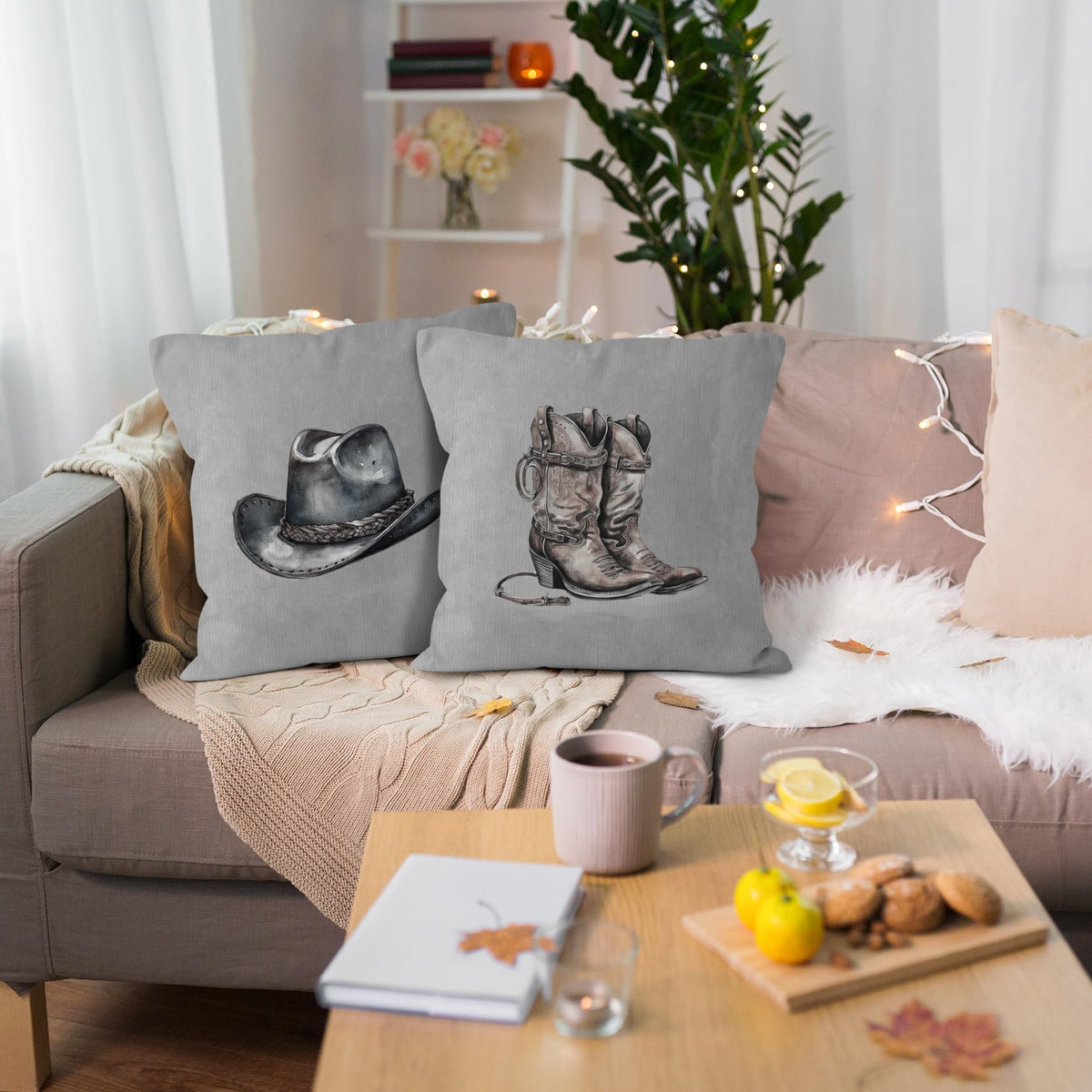 VRW Western Cowboy Hat Boots Throw Pillow Covers Set of 2, Classroom Pillow Covers, Rustic Grey Pillow Covers for Farmhouse Decor, Pillowcase for Western Home Decor Rustic, Western Gifts, 18x18