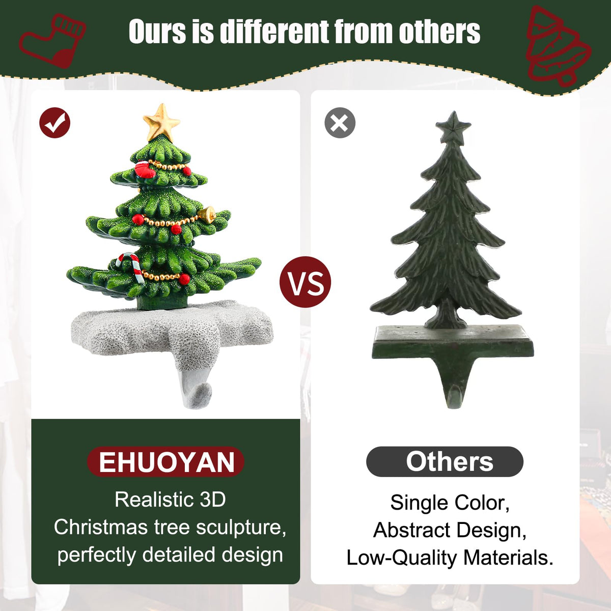 ehuoyan Christmas Stocking Holder Set of 2 with Glitter for Mantel Resin Stocking Hooks Fireplace Decor Sparkling Holiday Centerpiece Durable Indoor Christmas Gift