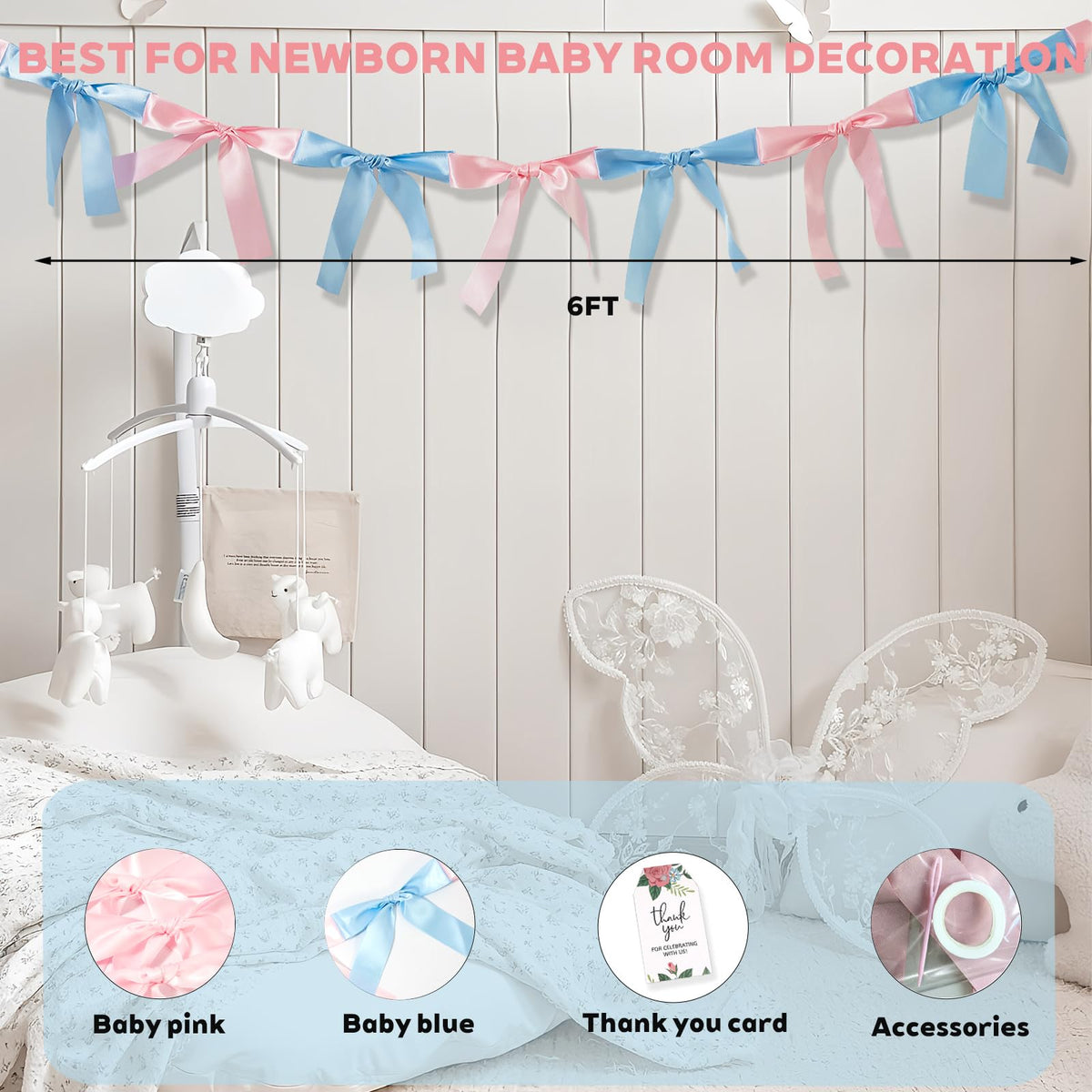 Eanjia Gender Reveal Bow Knot Garland |6ft Gender Reveal Party Decor with 3ft Extend Ribbon Pre-Assembled Satin Ribbon Banners with Baby Pink/Blue Bows Baby Shower No DIY Needed (Pink & Blue, 6ft)